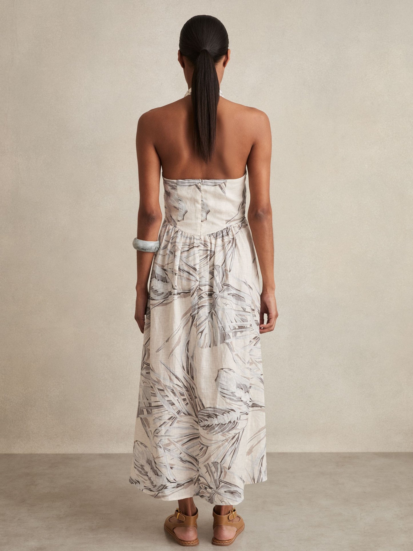Linen Palm Print Halterneck Midi Dress in Neutral