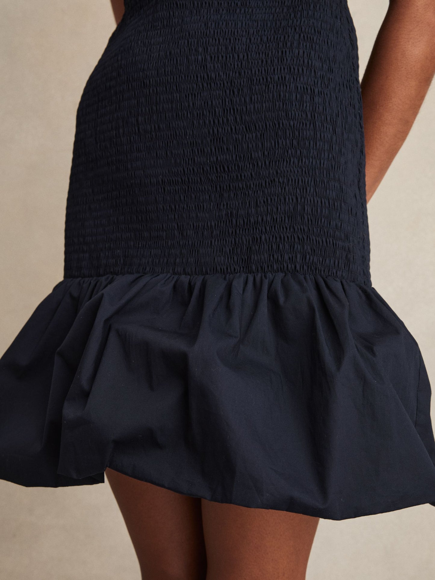 Reiss Cotton Shirred Bubble-Hem Mini Dress in Navy