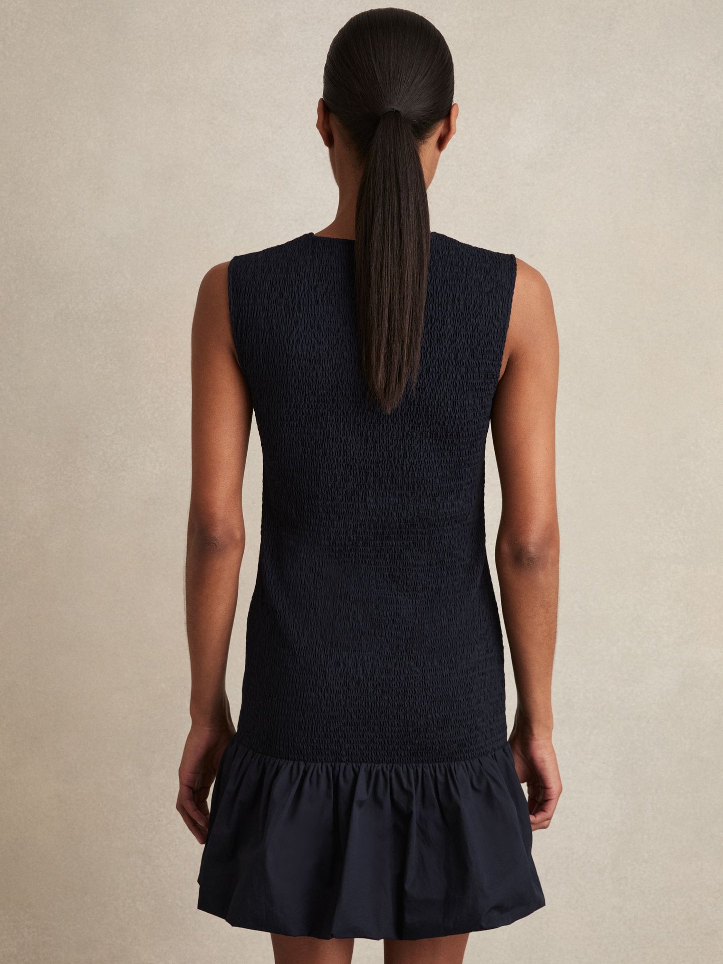 Reiss Cotton Shirred Bubble-Hem Mini Dress in Navy