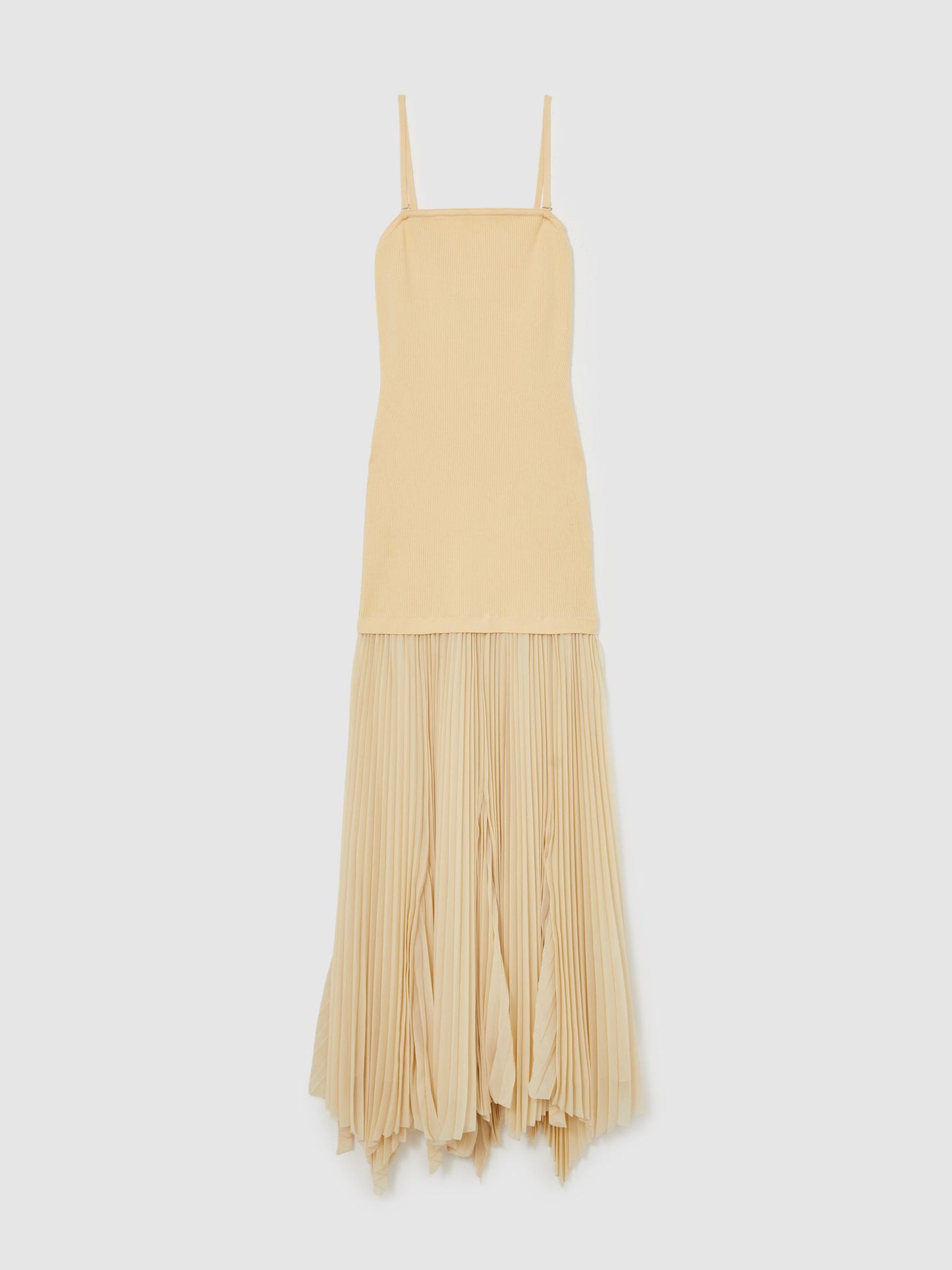 Pleated Skirt Ribbed Midi Dress in Yellow