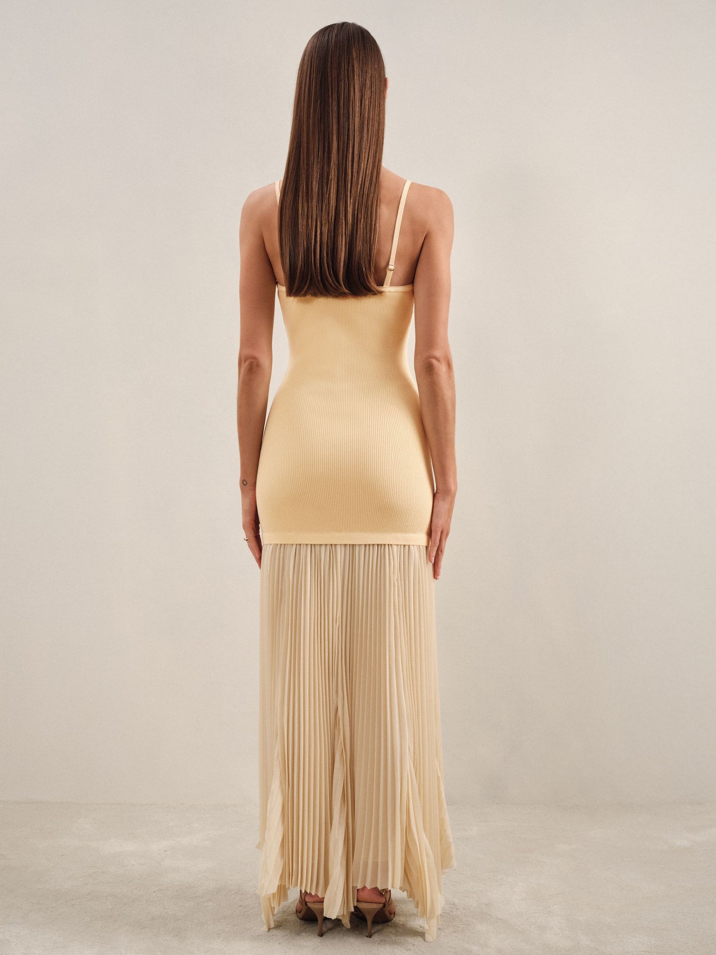 Pleated Skirt Ribbed Midi Dress in Yellow