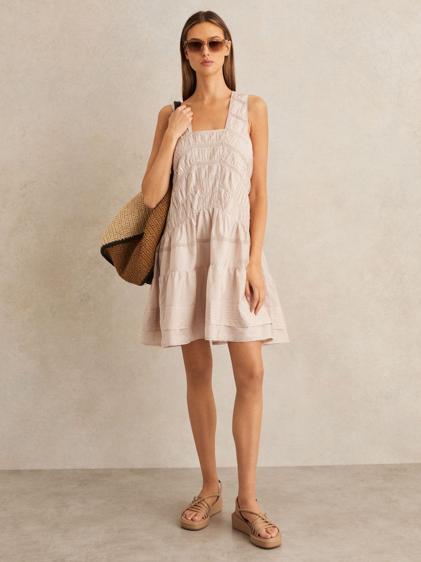 Shirred Ruffle Hem Mini Dress in Neutral
