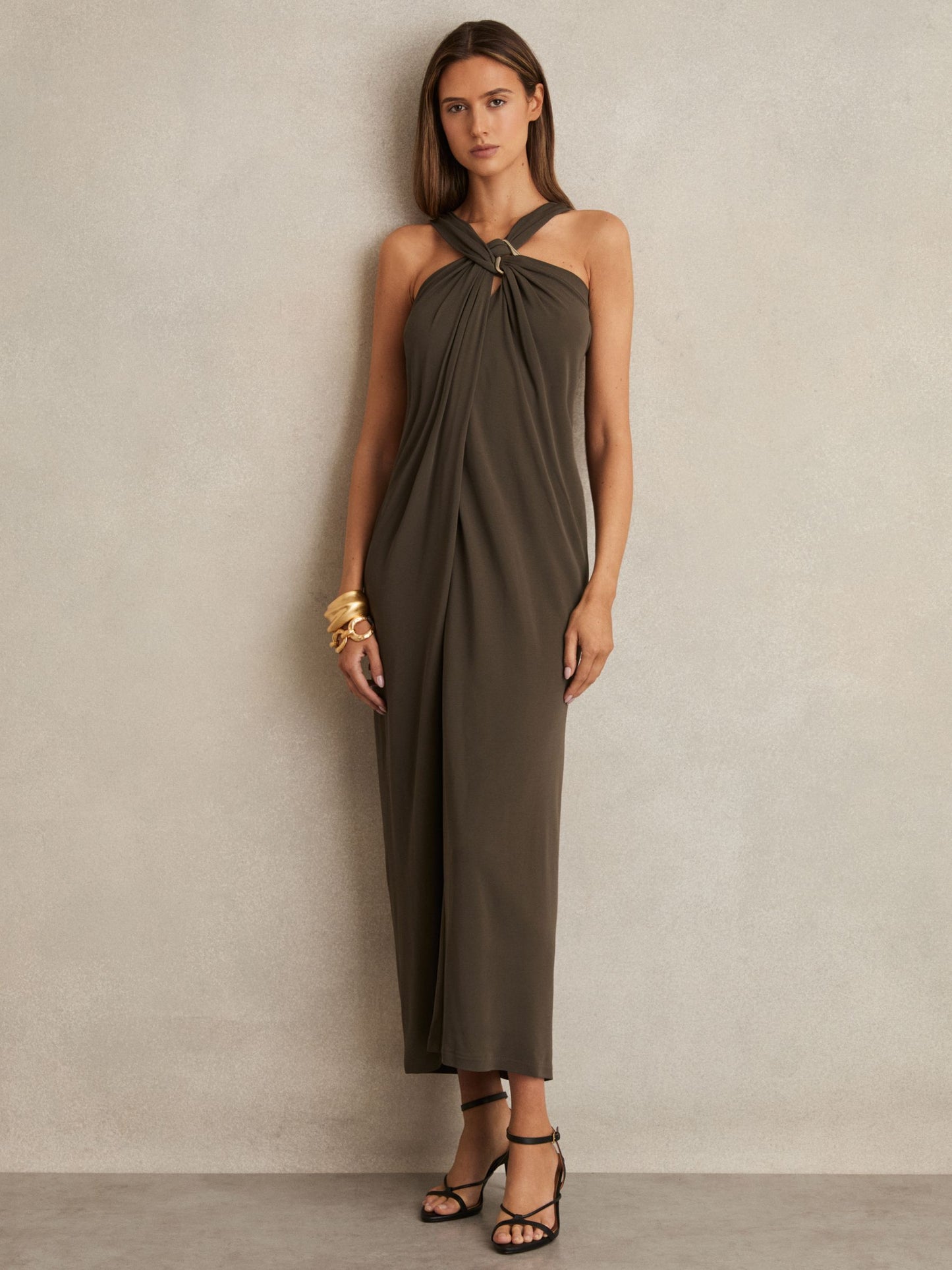 Gathered Neck Jersey Midi Dress in Mocha