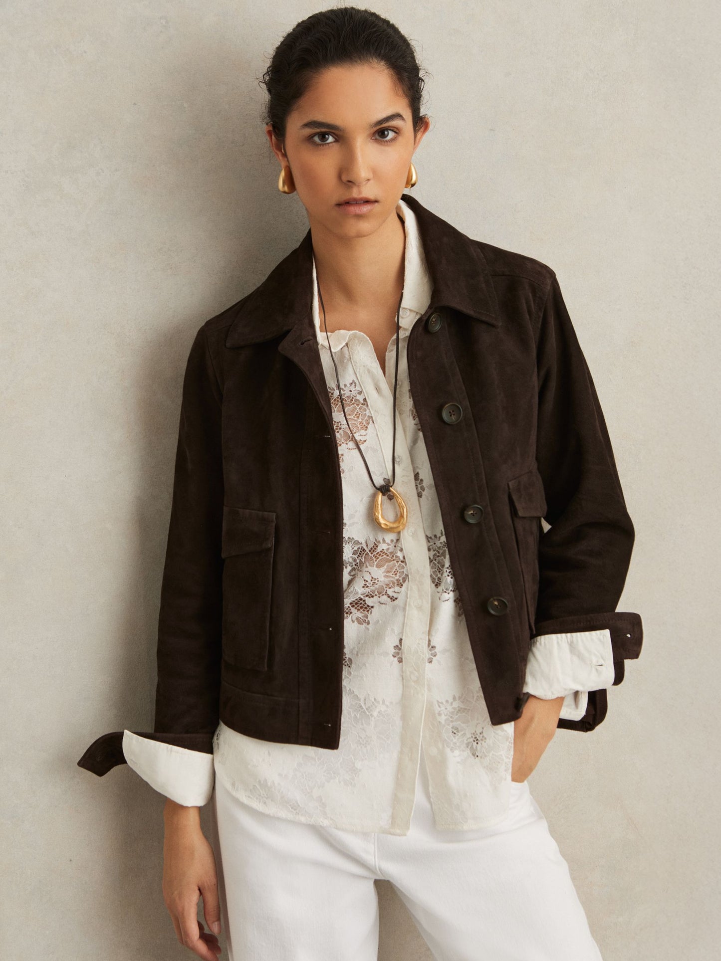 Reiss Trucker Jacket in Chocolate Brown