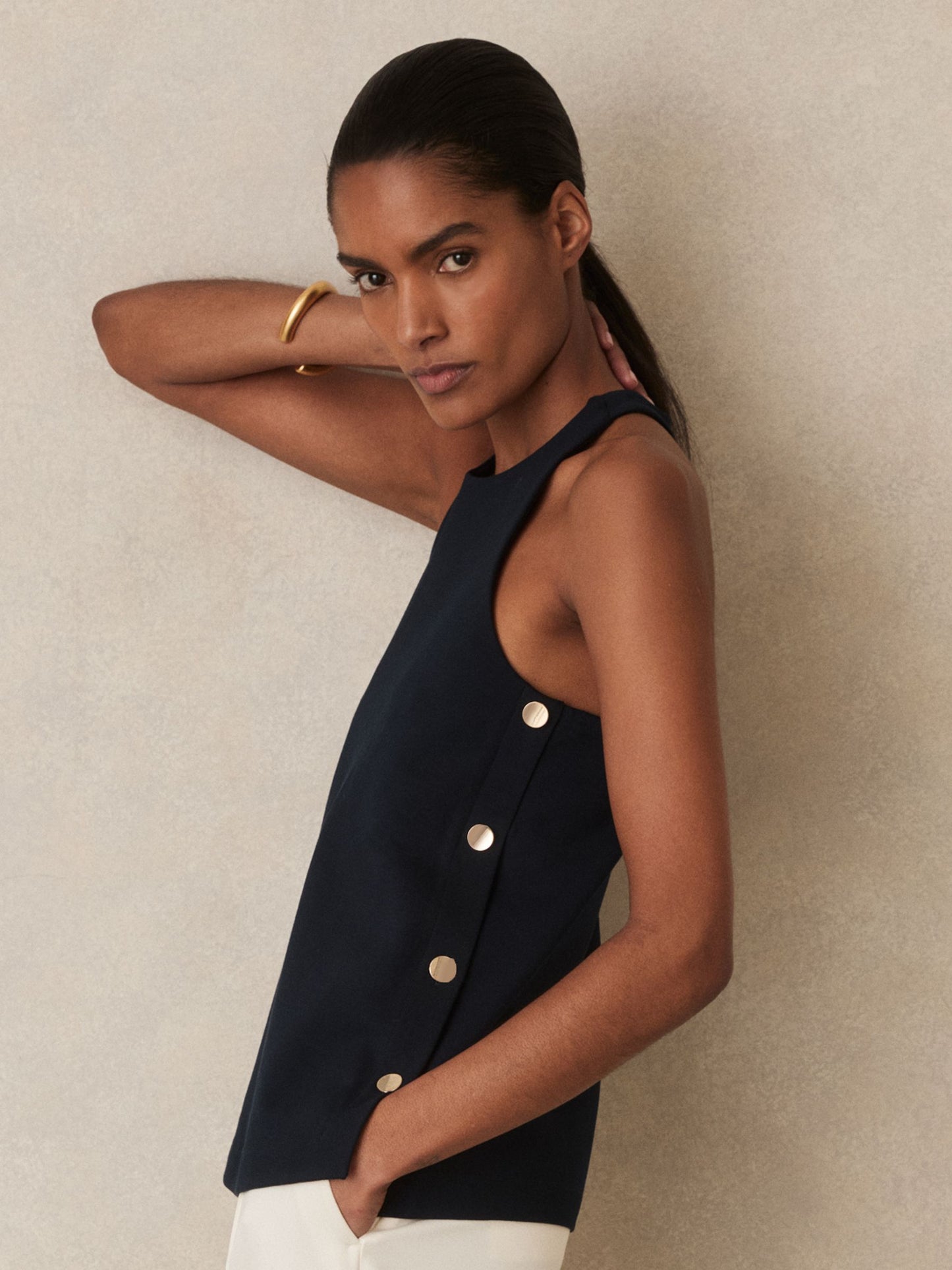 Reiss Button Side Sleeveless Top in Navy