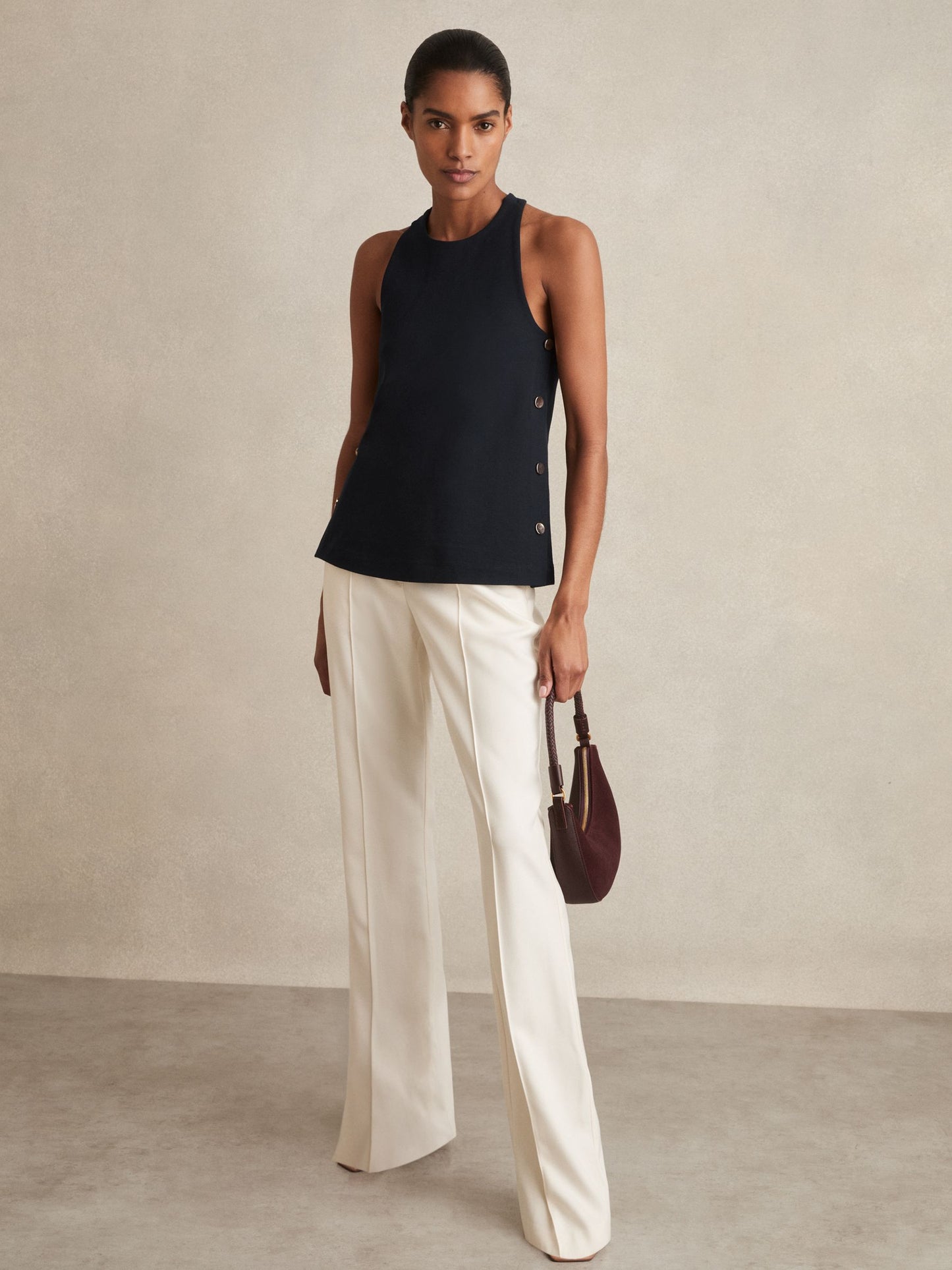 Reiss Button Side Sleeveless Top in Navy