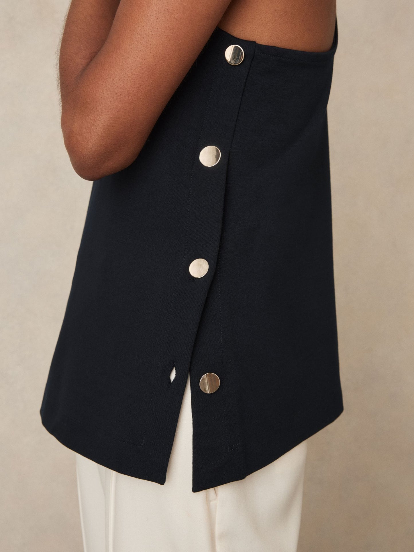 Reiss Button Side Sleeveless Top in Navy