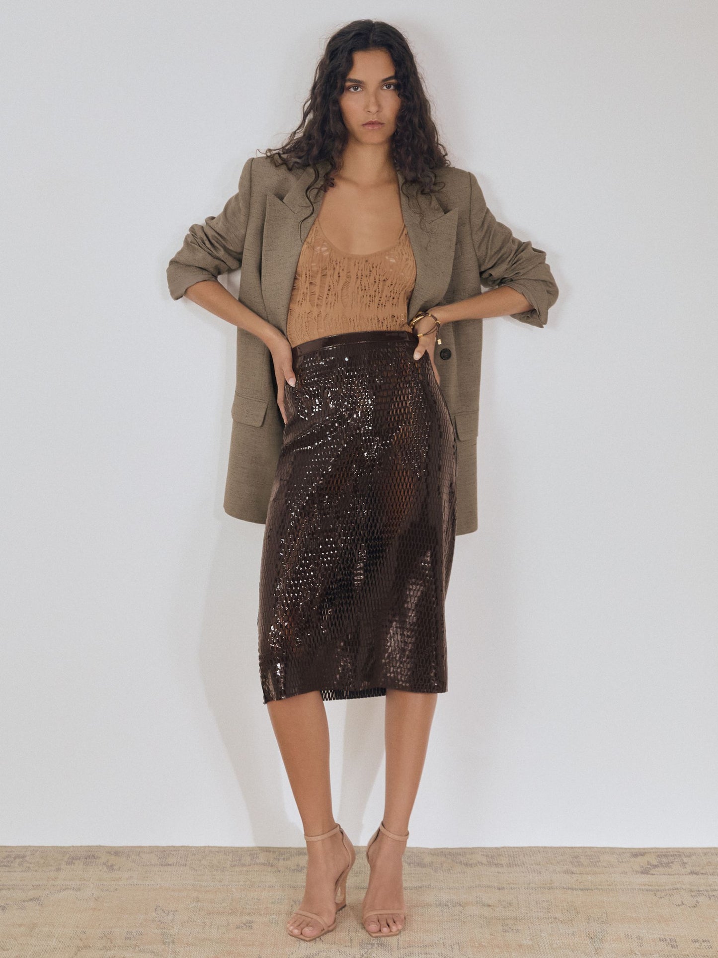 Reiss Atelier Laser-Cut Pencil Skirt in Chocolate