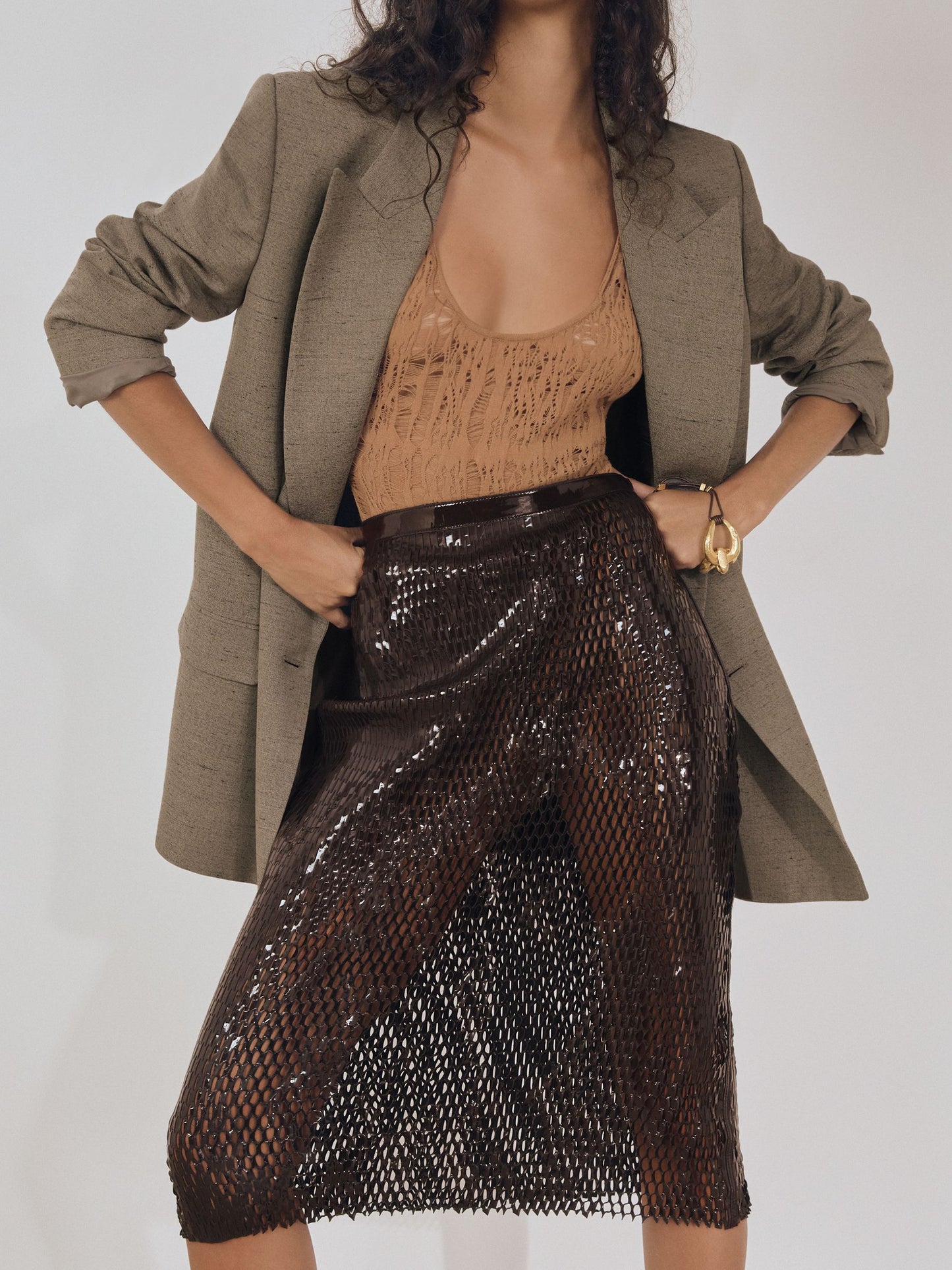 Reiss Atelier Laser-Cut Pencil Skirt in Chocolate