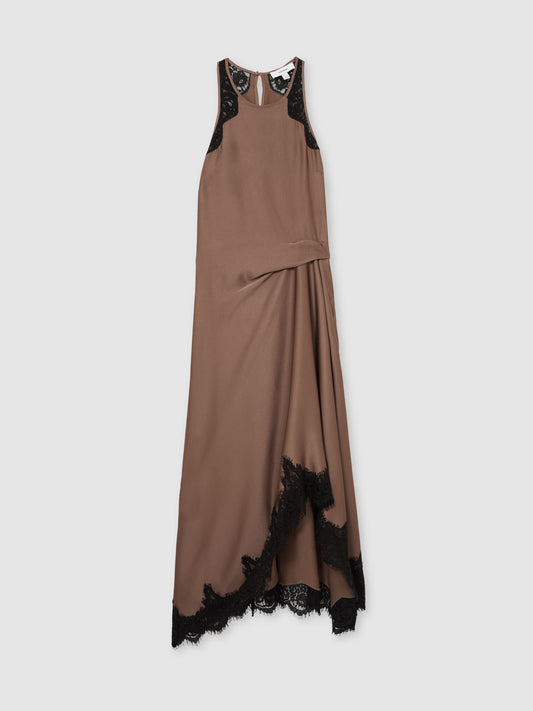 Satin Drape Lace-Trim Dress in Mocha Brown