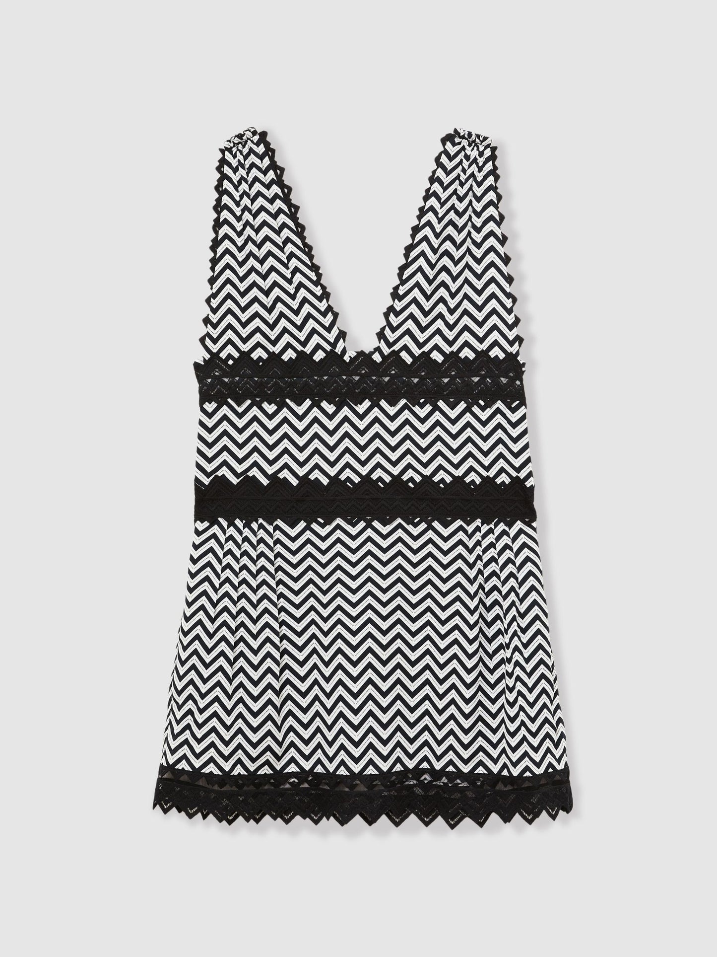 Reiss Zig-Zag Print Lace-Trim Mini Dress in Navy