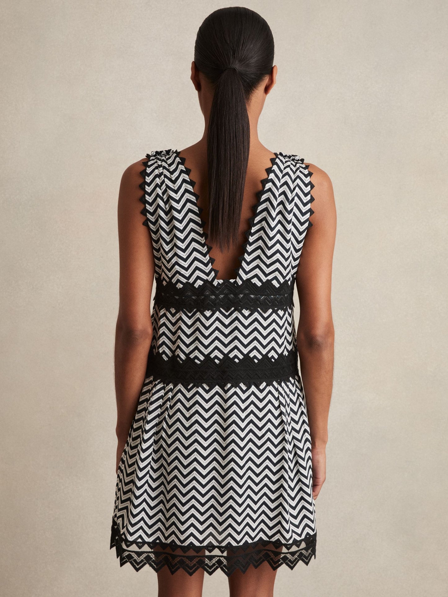 Reiss Zig-Zag Print Lace-Trim Mini Dress in Navy