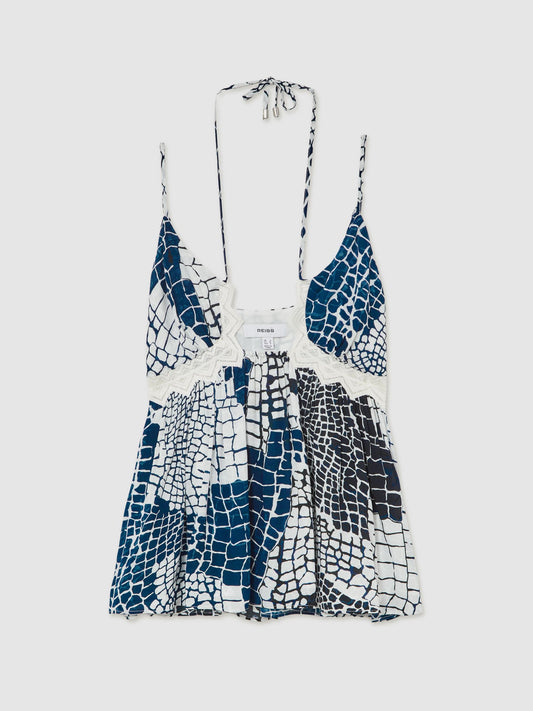 Reiss Animal Print Lace Trim Cami Top in Blue