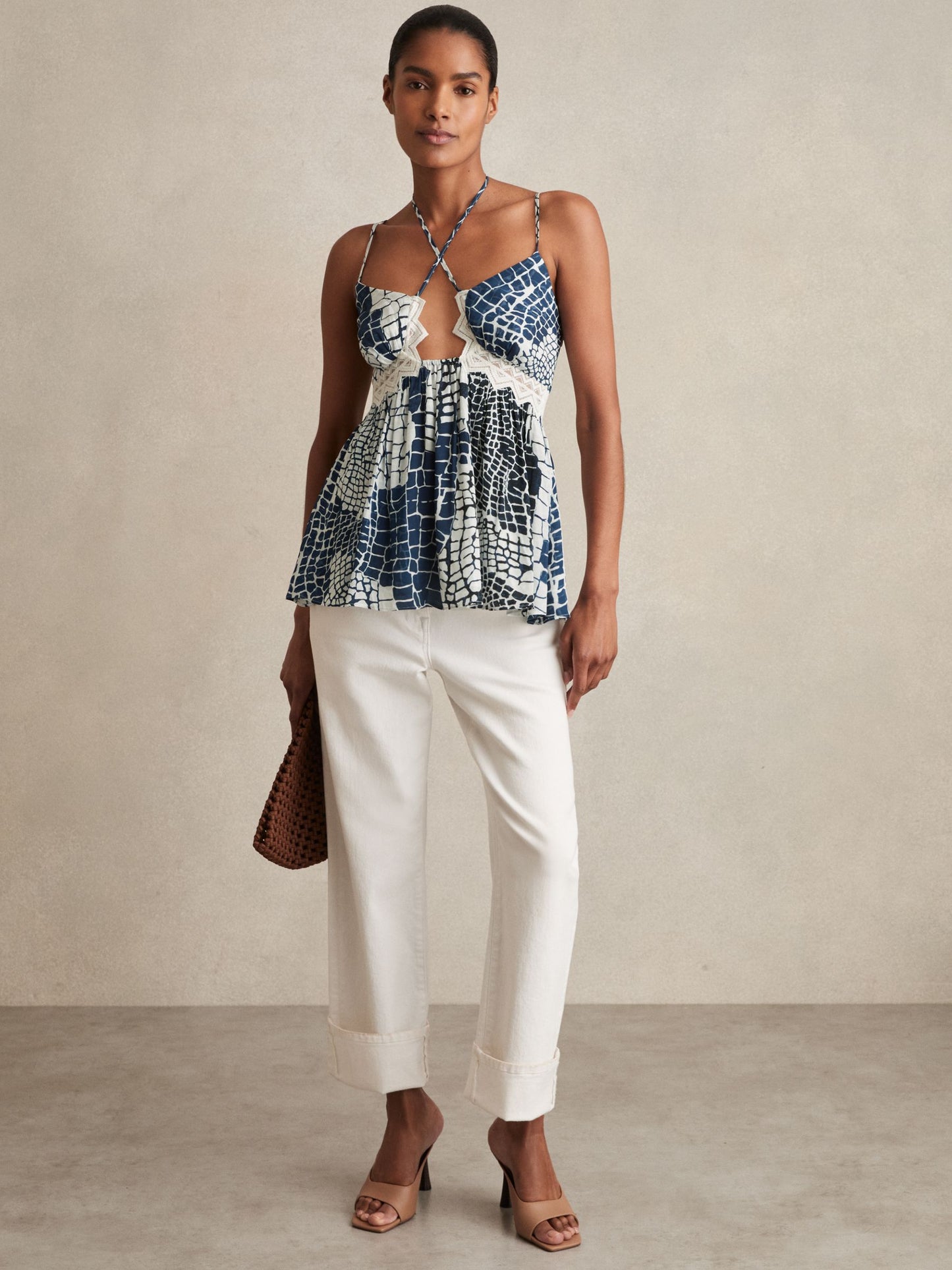 Reiss Animal Print Lace Trim Cami Top in Blue