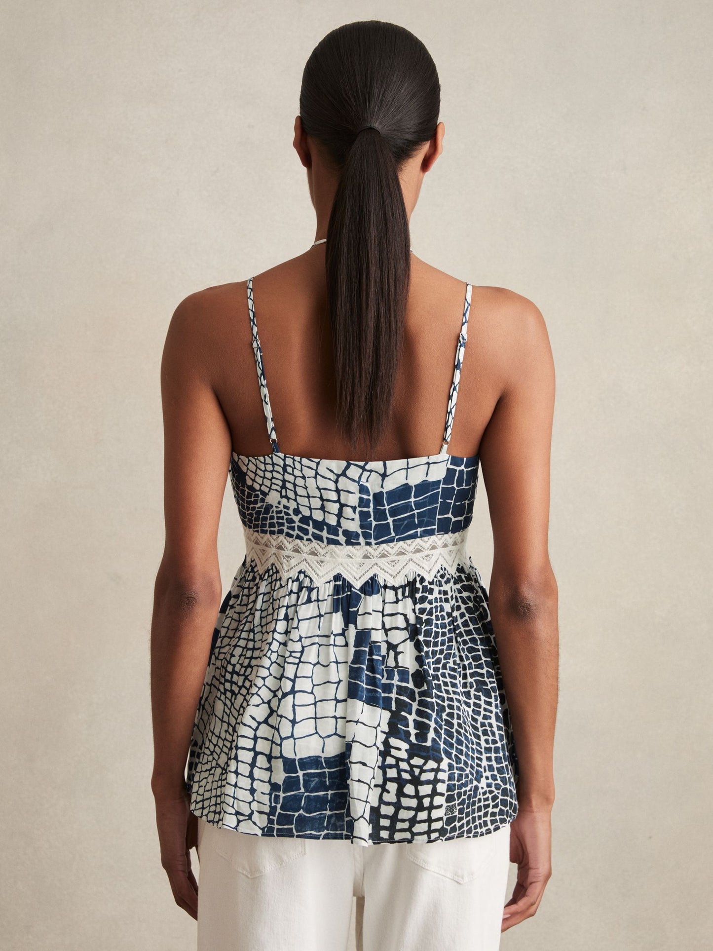 Reiss Animal Print Lace Trim Cami Top in Blue