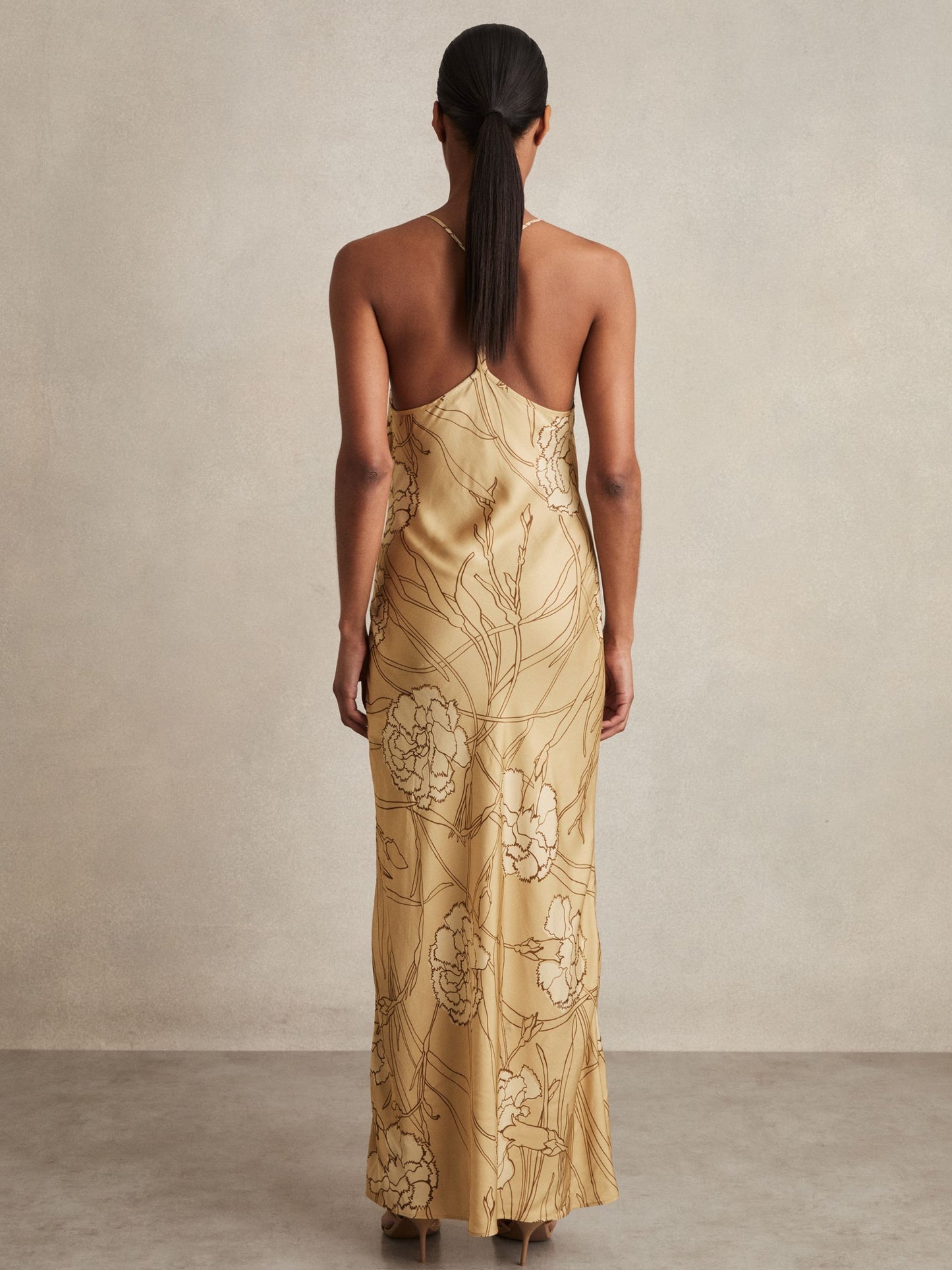 Reiss Satin Floral-Print Slip Maxi Dress in Gold