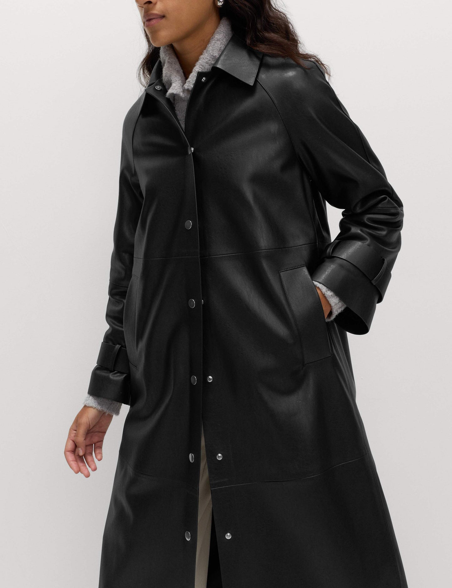 Faux Leather Collared Longline Car Coat