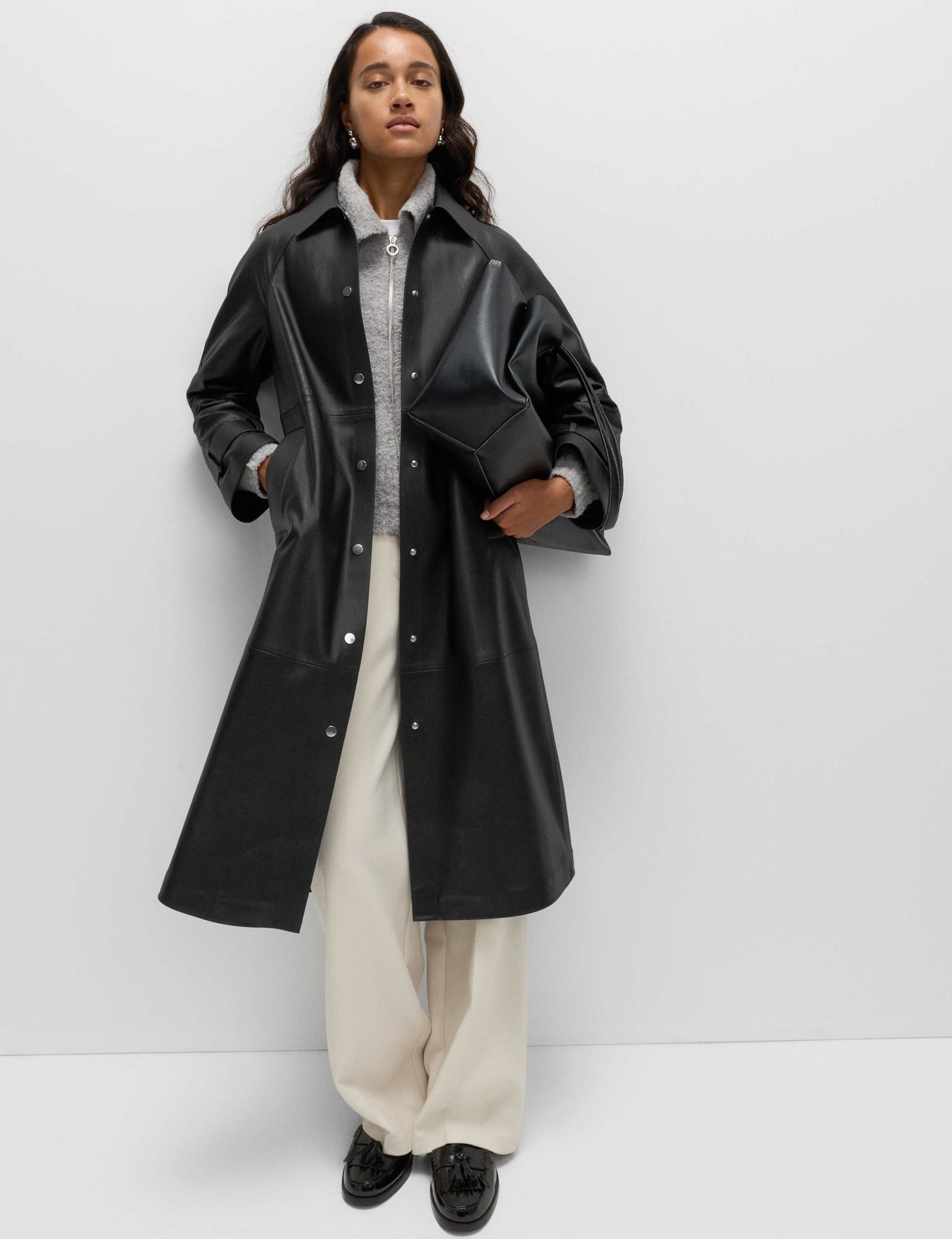 Faux Leather Collared Longline Car Coat