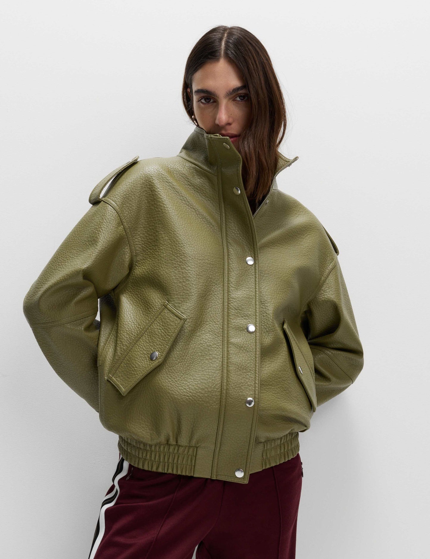 Faux Leather Textured Longline Bomber Jacket