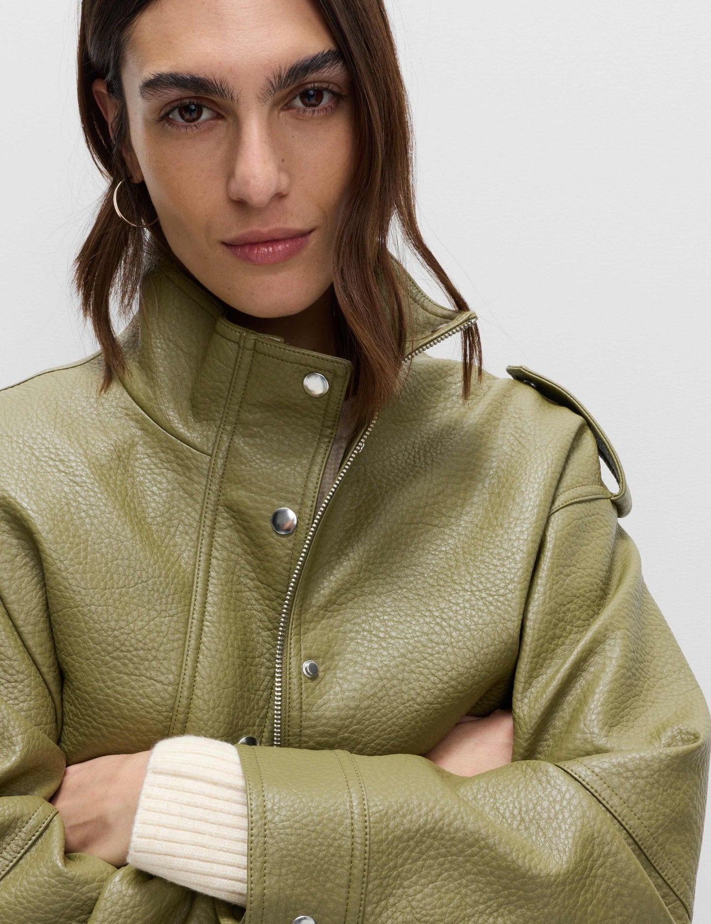 Faux Leather Textured Longline Bomber Jacket