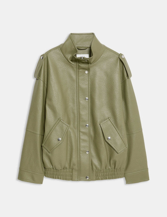 Faux Leather Textured Longline Bomber Jacket
