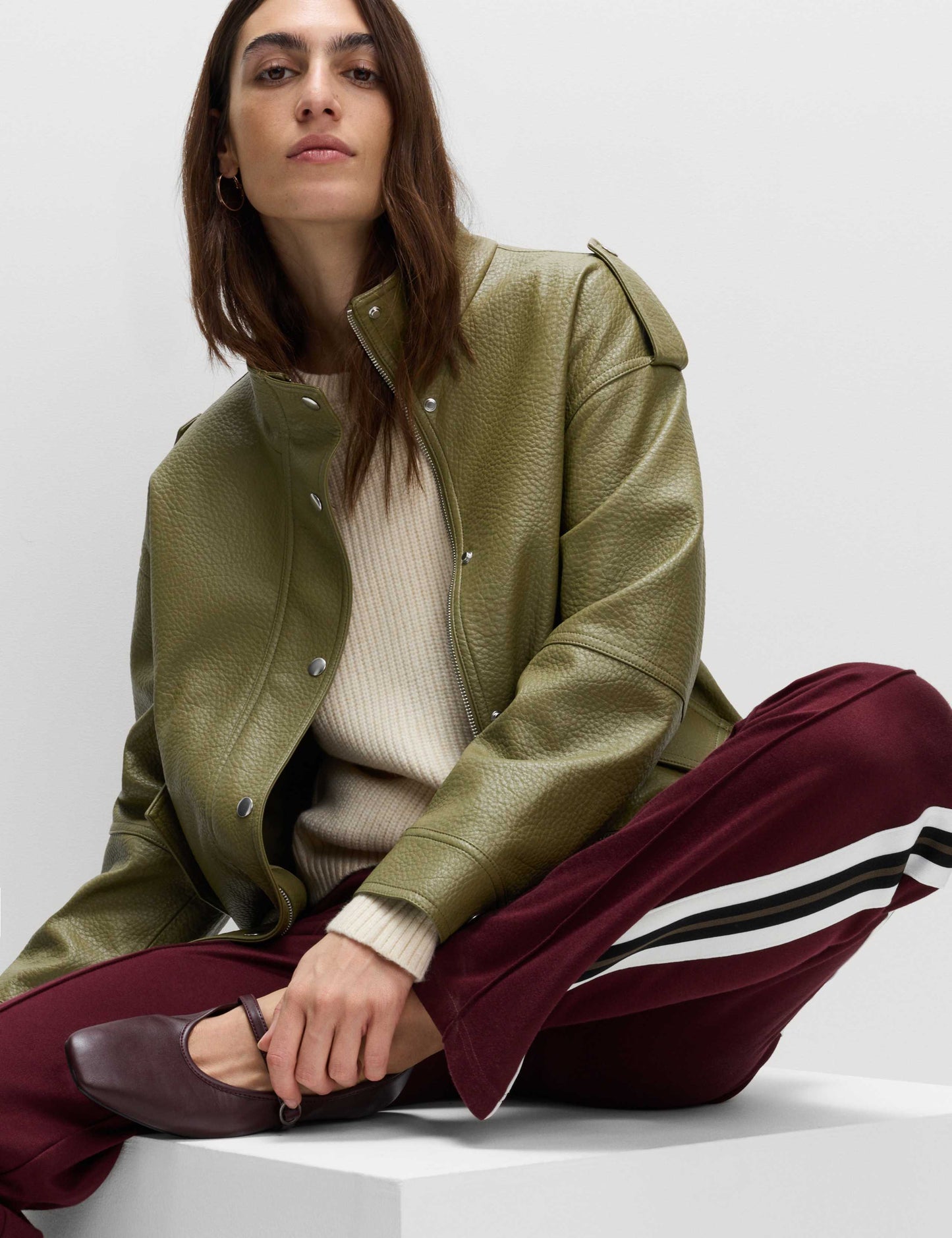 Faux Leather Textured Longline Bomber Jacket