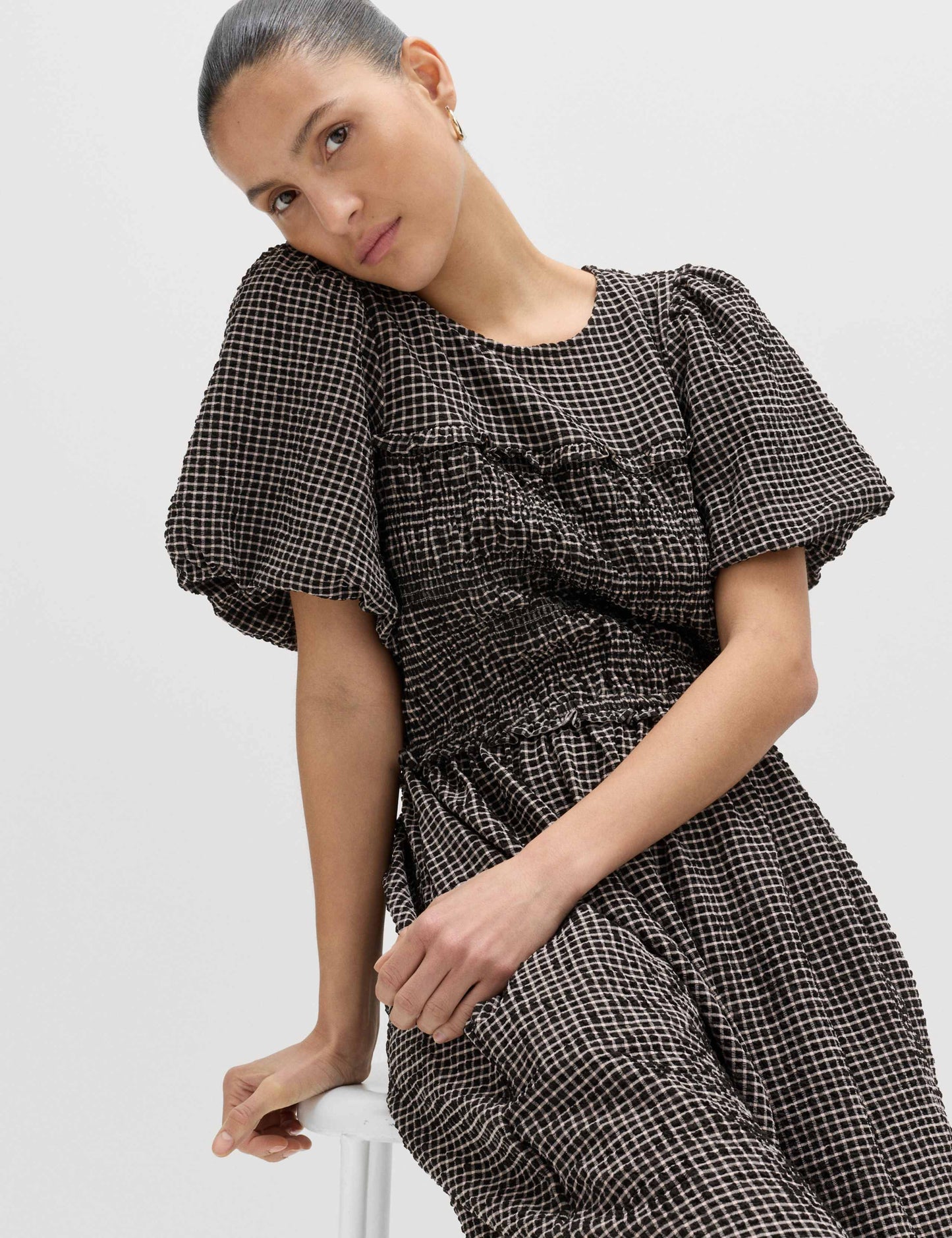 Gingham Puff Sleeve Midi Waisted Dress