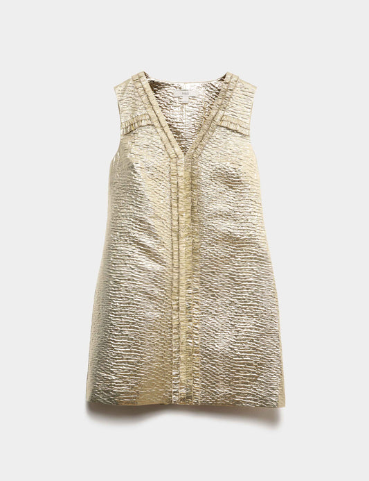 Gold Jacquard V-Neck Mini Shift Dress