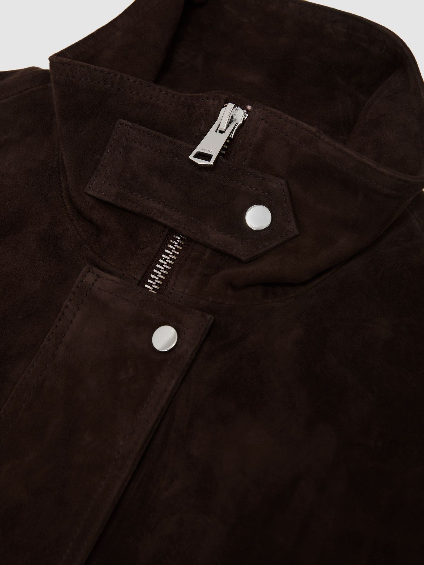 Suede Funnel-Neck Bomber Jacket in Chocolate Brown