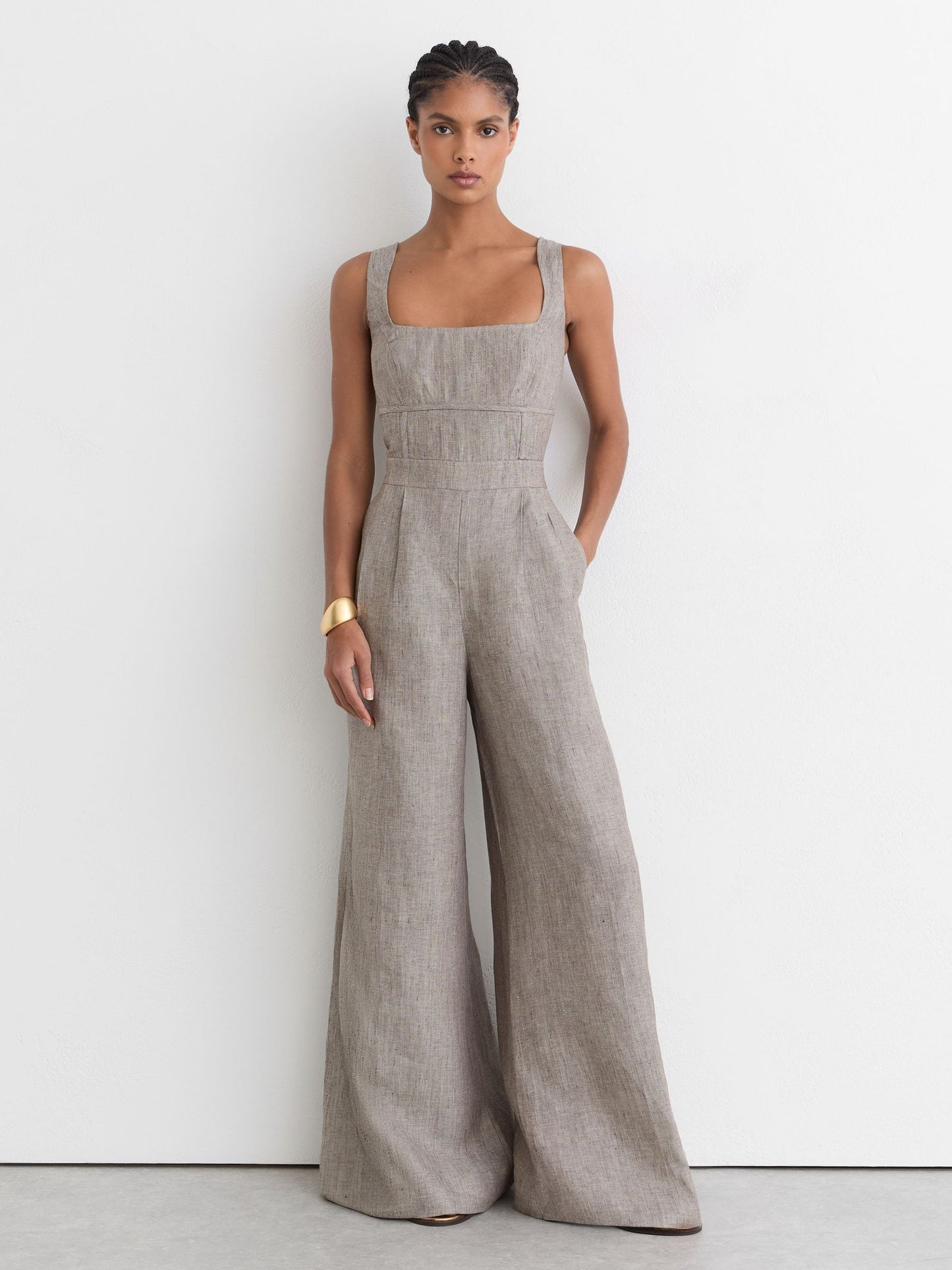 Linen Structured Wide-Leg Jumpsuit in Neutral