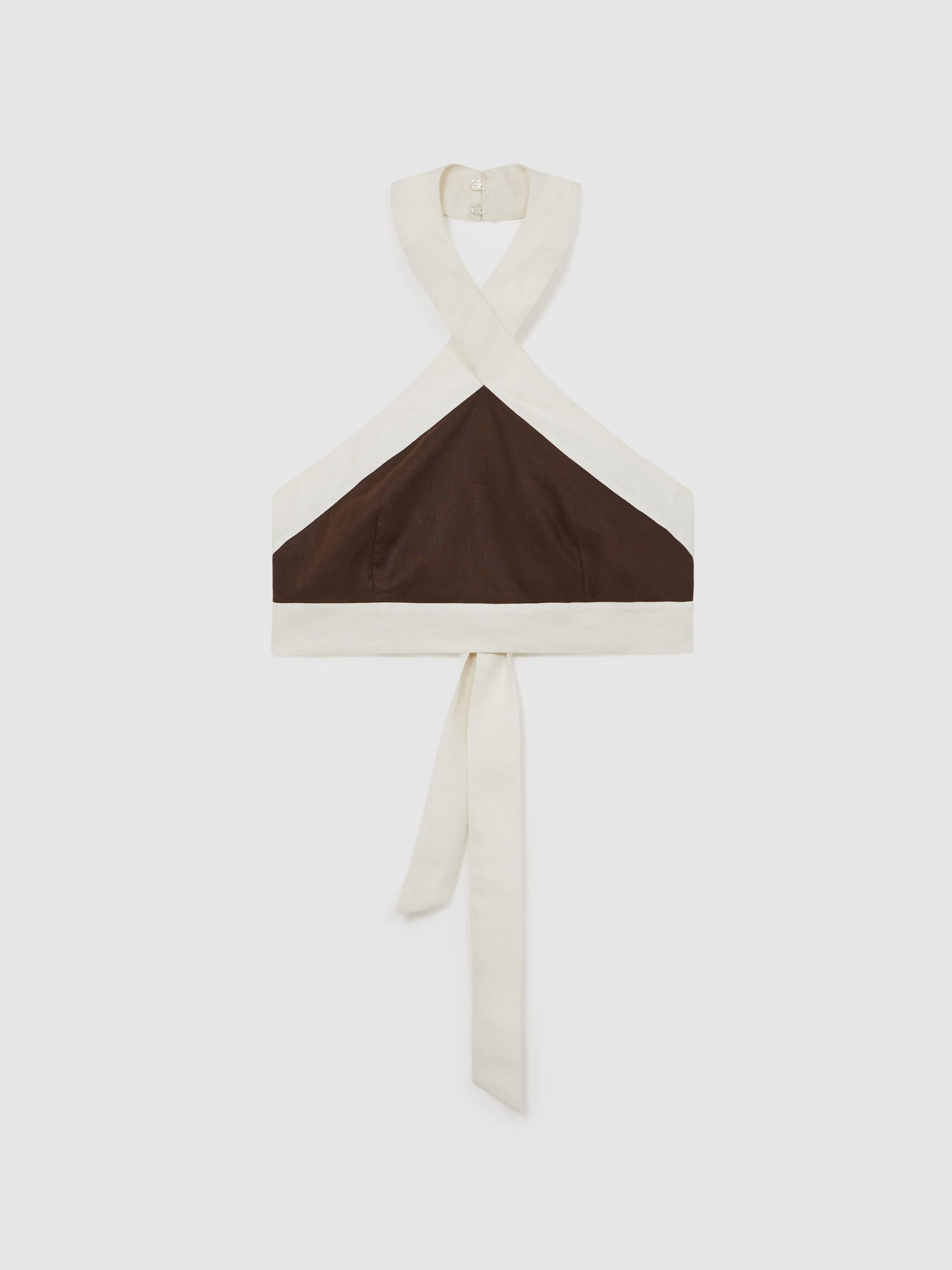 Linen Halterneck Cropped Top in Chocolate/Cream