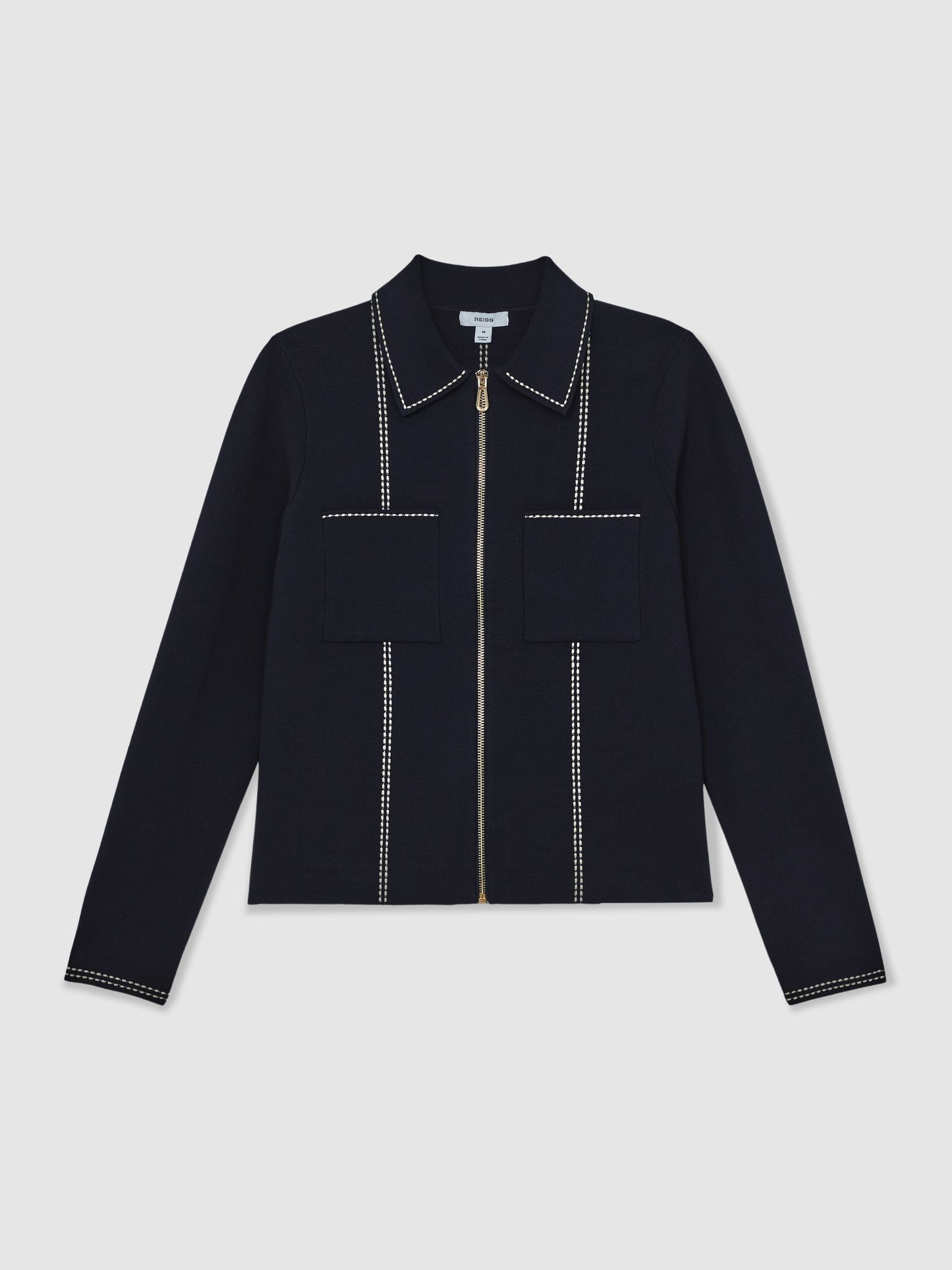 Stitch-Detail Zip-Through Cardigan in Navy
