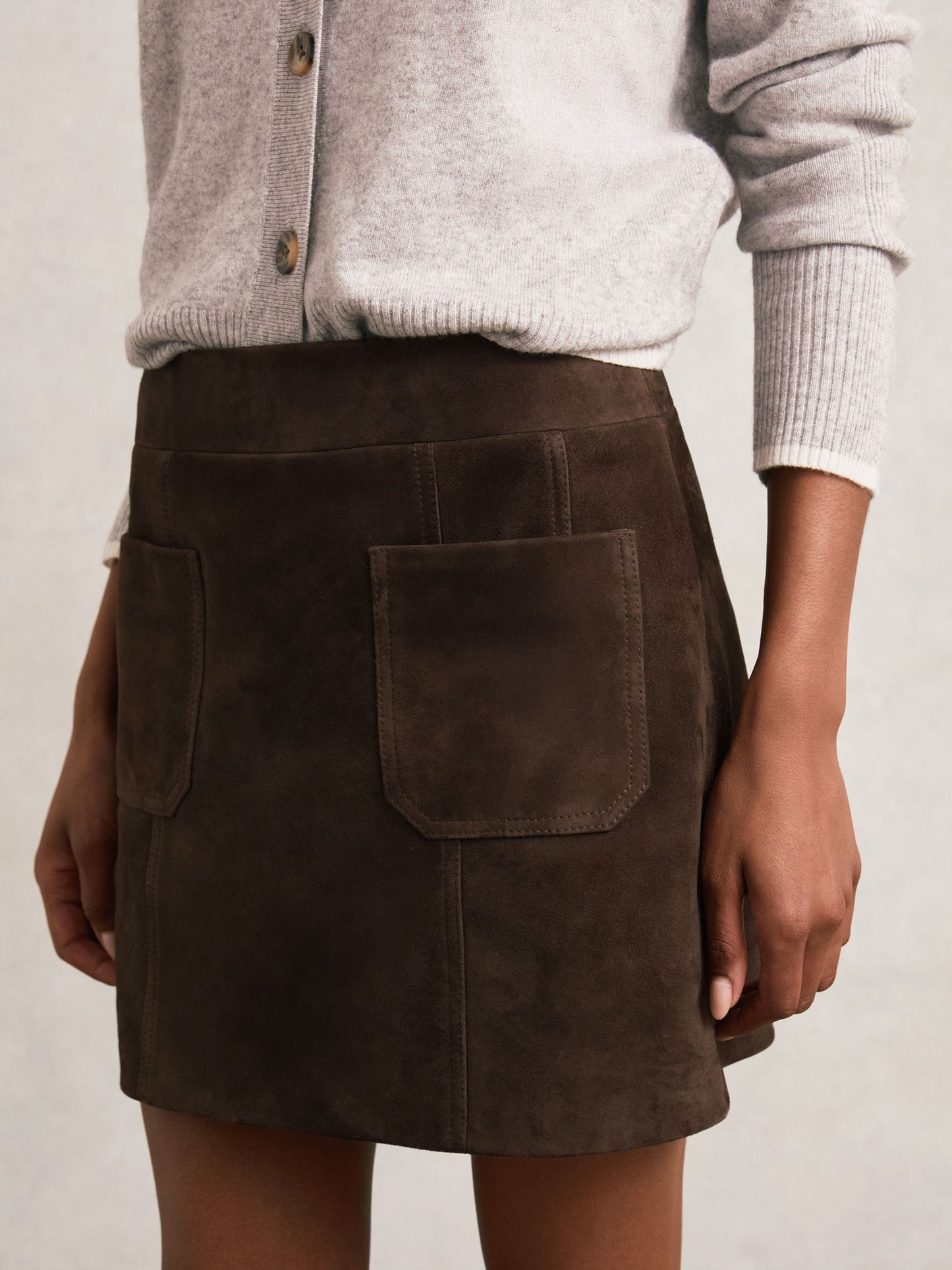Mini Suede Patch Pocket Skirt in Chocolate Brown
