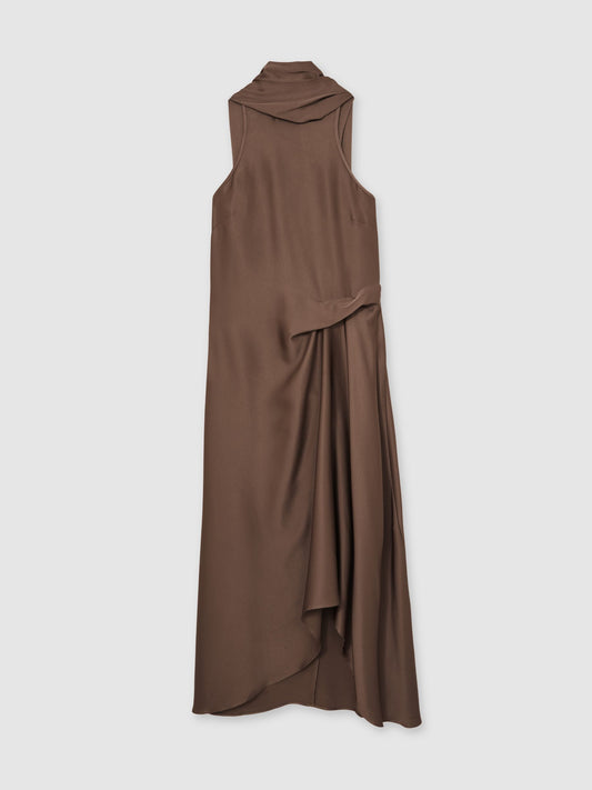 Satin Tuck-Detail Cape Midi Dress in Taupe Brown