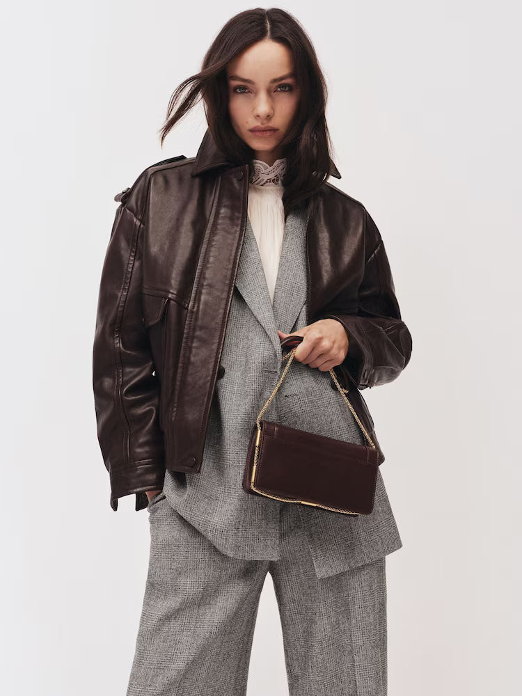 Reiss Oversized Leather Jacket in Aubergine
