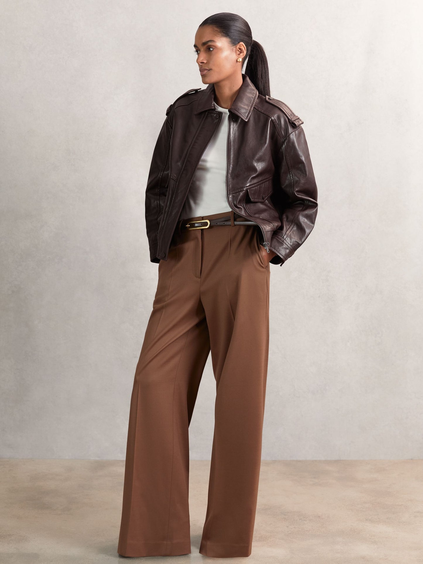 Reiss Oversized Leather Jacket in Aubergine
