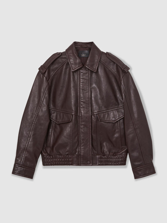 Reiss Oversized Leather Jacket in Aubergine