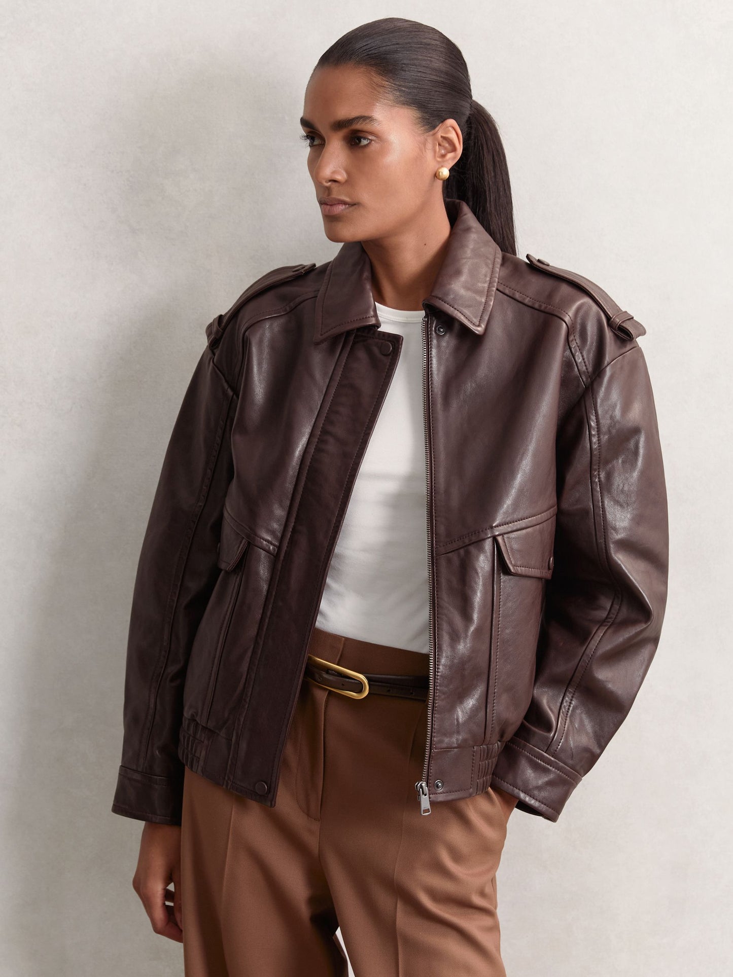 Reiss Oversized Leather Jacket in Aubergine