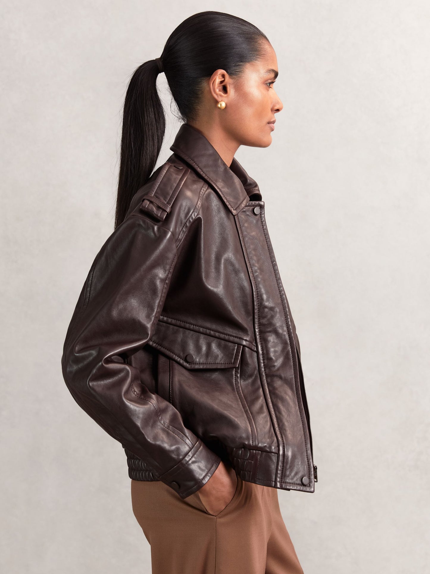 Reiss Oversized Leather Jacket in Aubergine