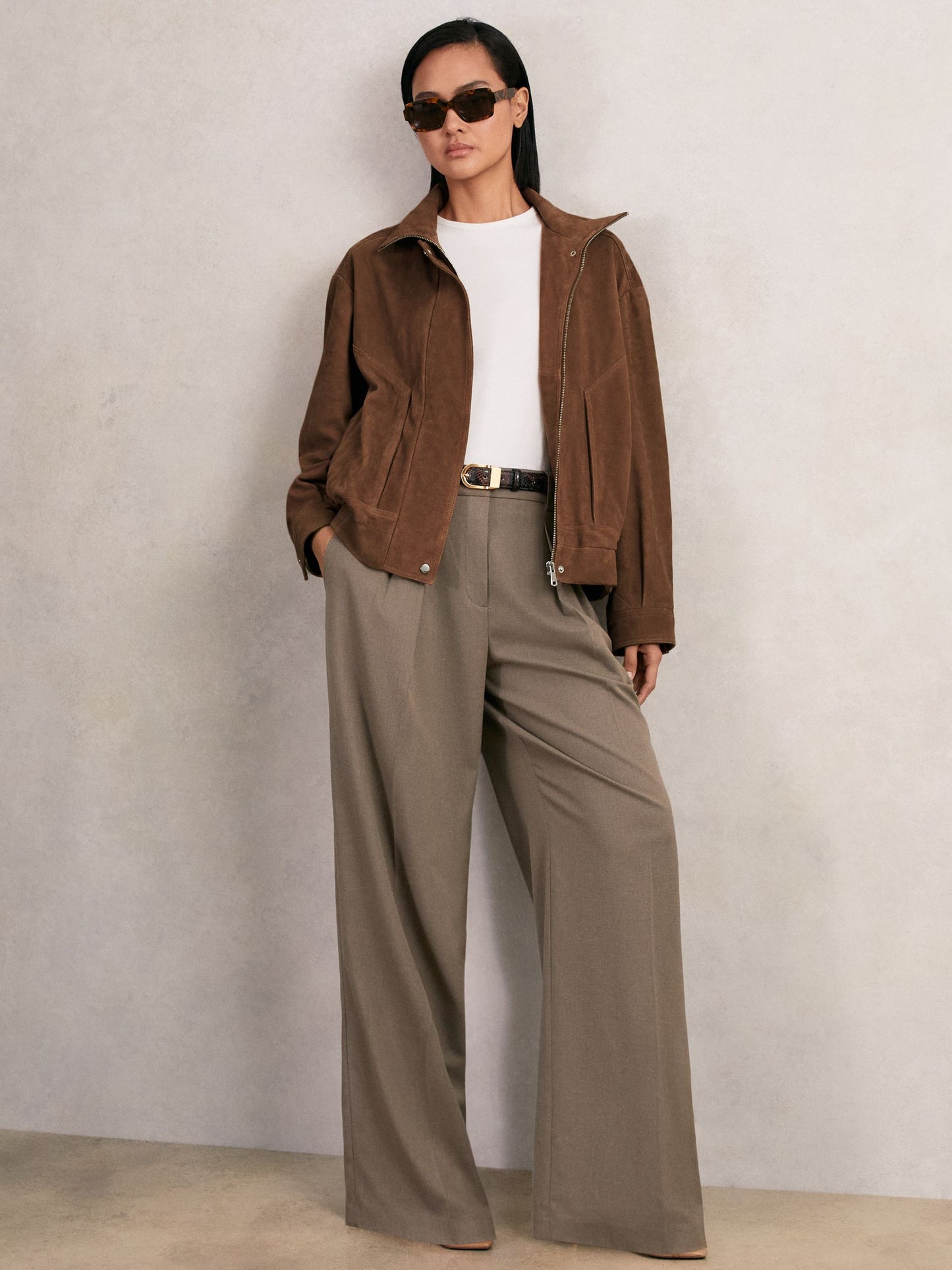 Suede Funnel-Neck Bomber Jacket in Tan