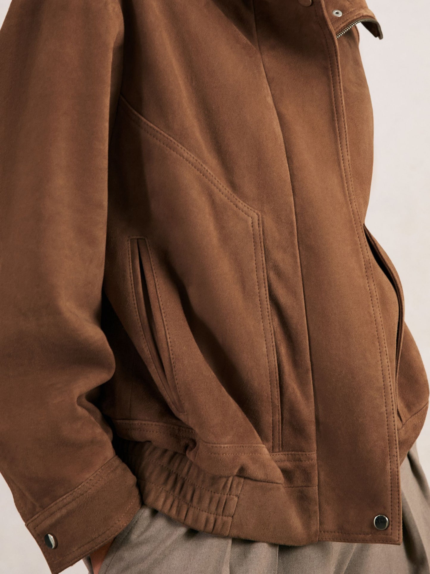 Suede Funnel-Neck Bomber Jacket in Tan