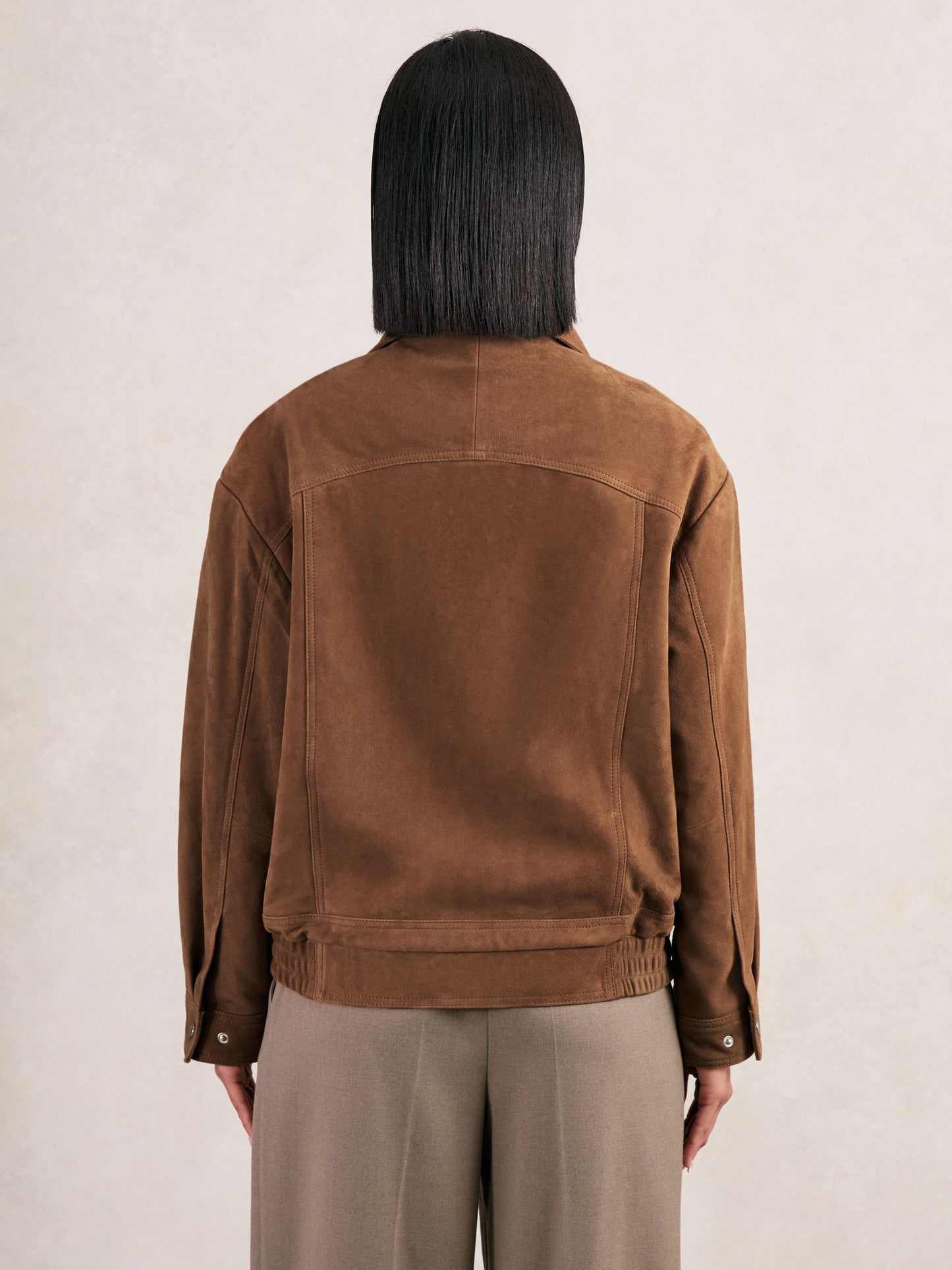 Suede Funnel-Neck Bomber Jacket in Tan