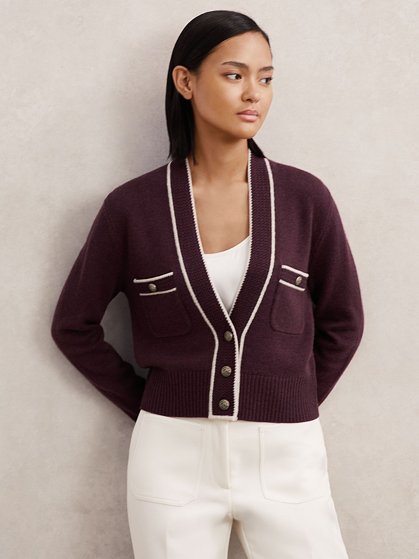 Wool-Cashmere Tipped V-Neck Cardigan in Burgundy/Neutral