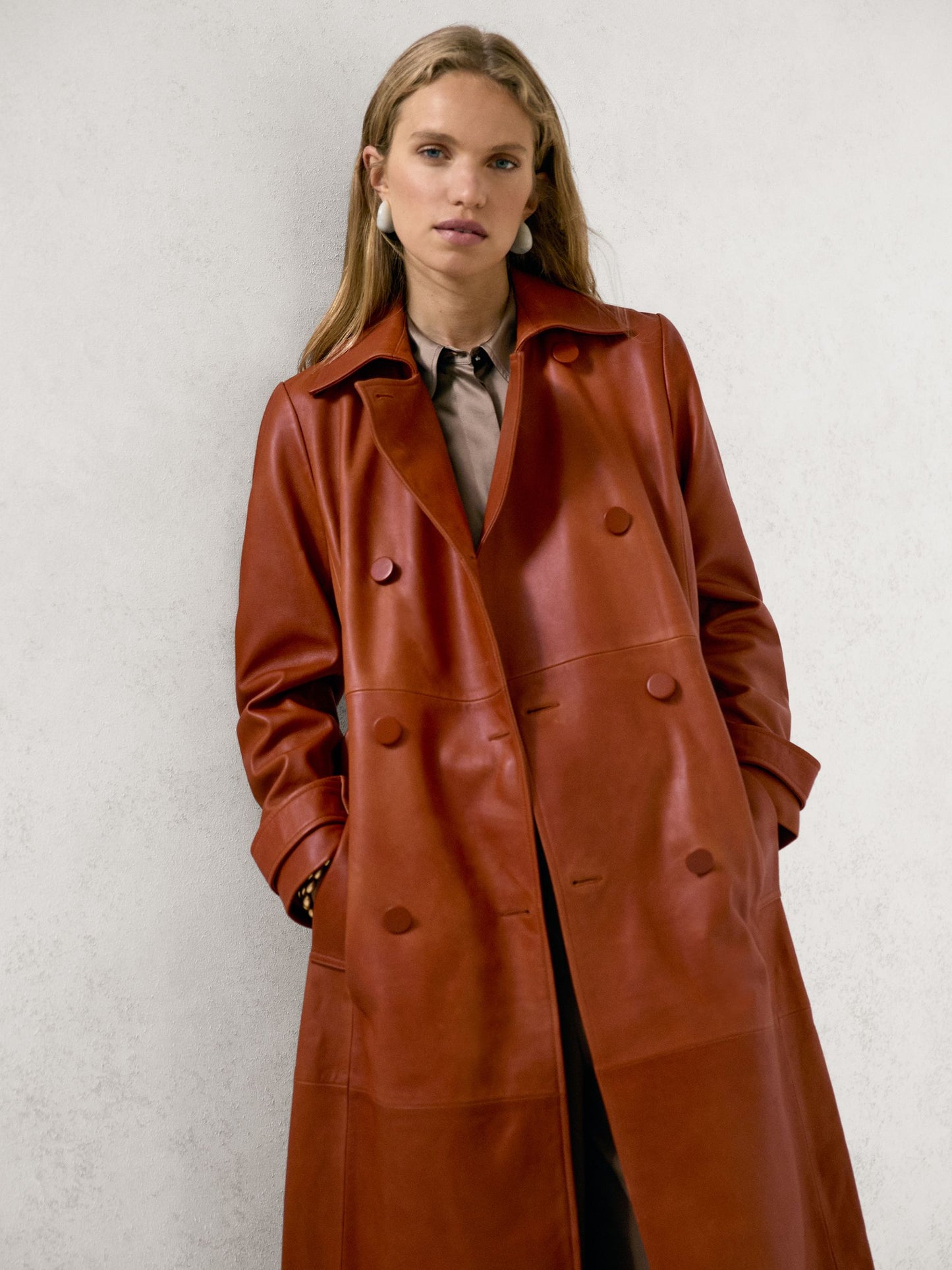 Leather Double-Breasted Trench Coat in Tan