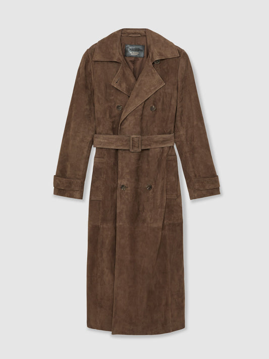 Suede Belted Trench Coat in Taupe Neutral