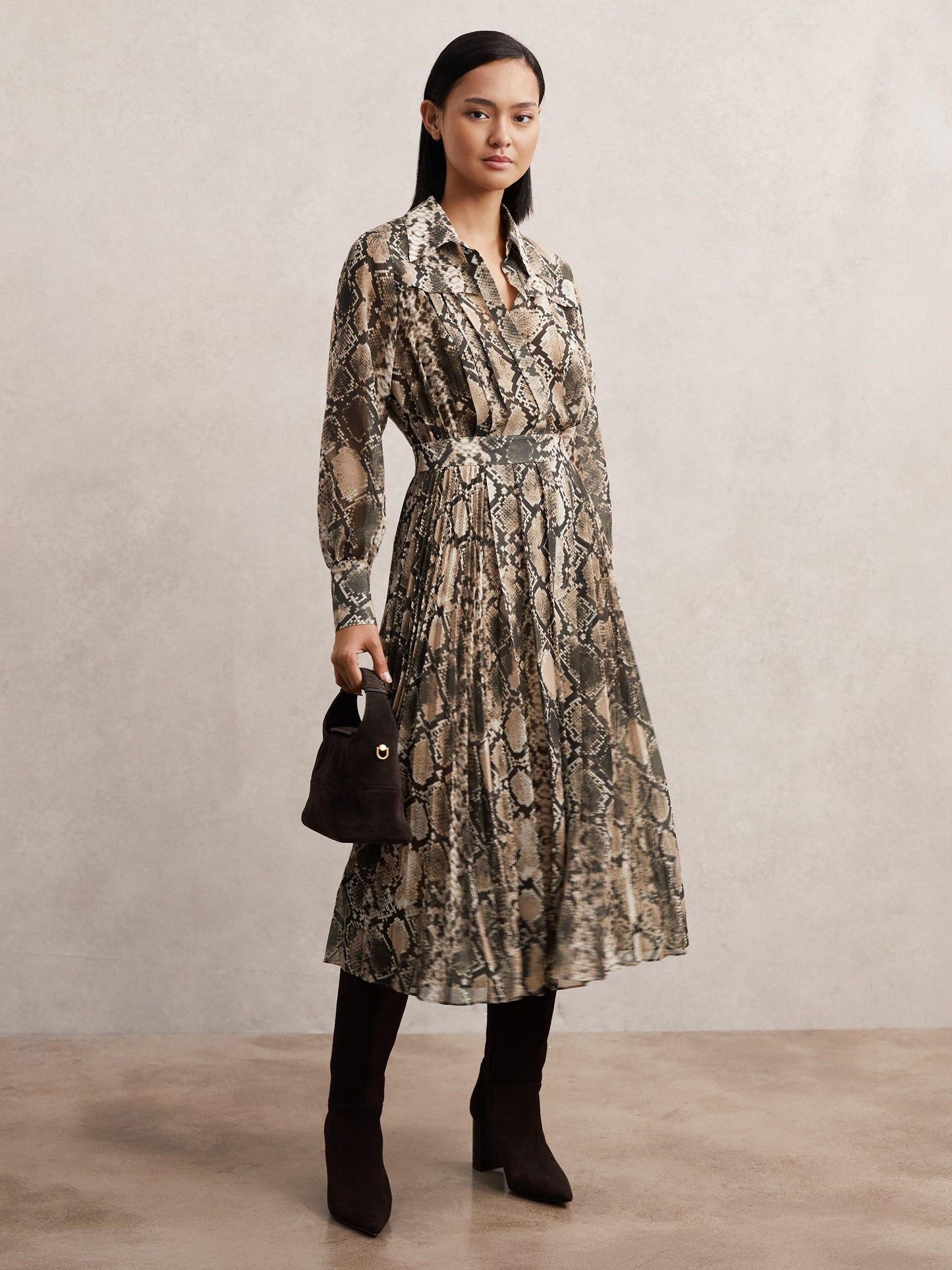 Snake-Print Pleated Midi Dress in Neutral