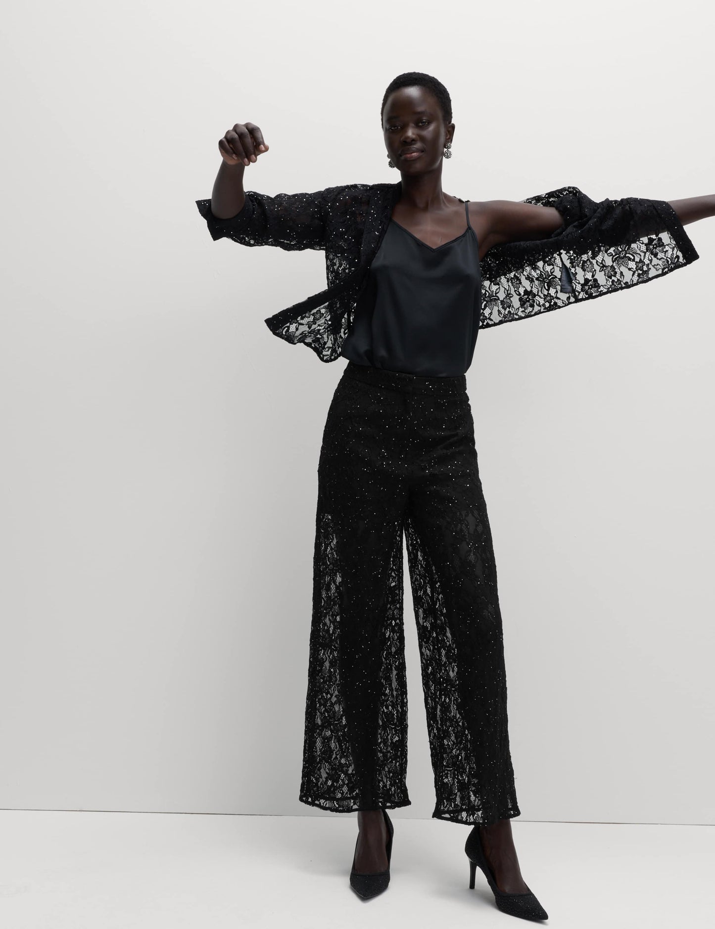 Lace Diamante Wide Leg Trousers with Stretch