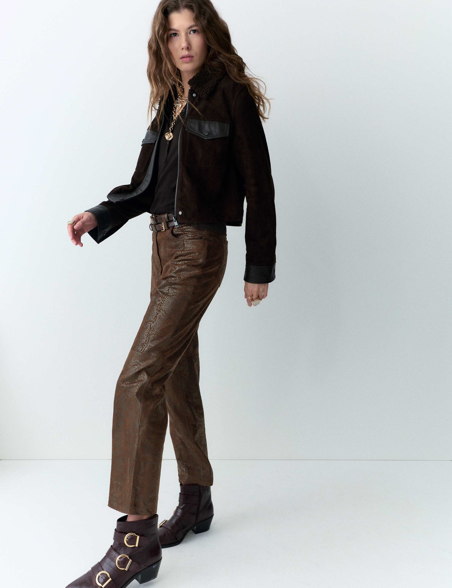 Leather Snake Print Straight Leg Trousers