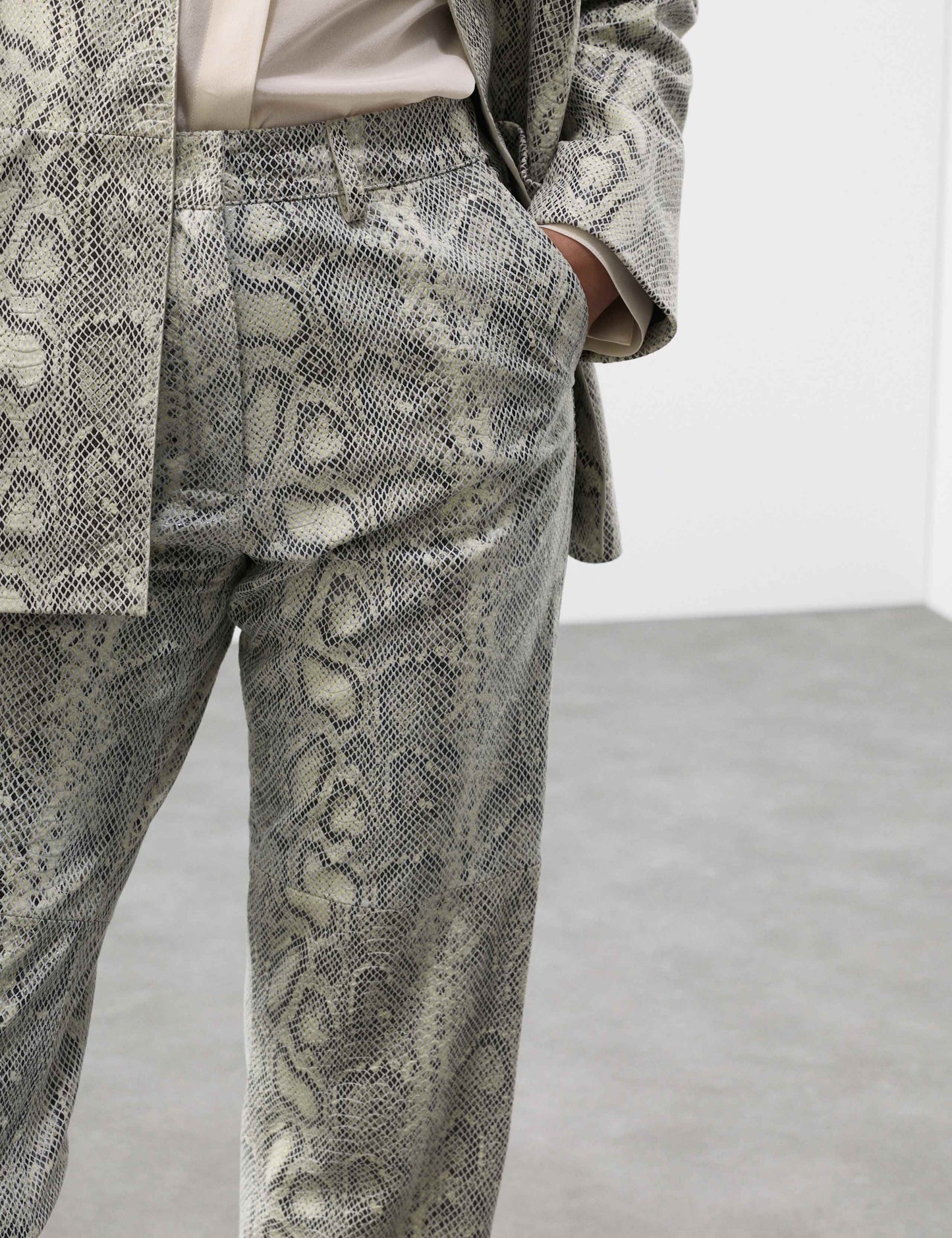 Leather Snakeskin Print Straight Leg Trousers