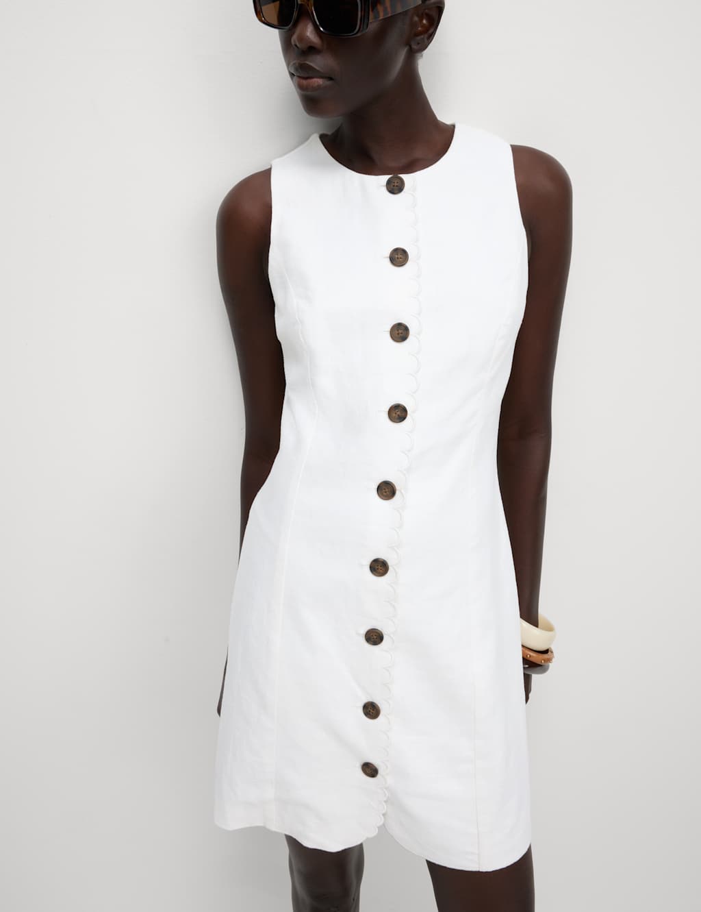 Linen Blend Button Through Mini Shift Dress